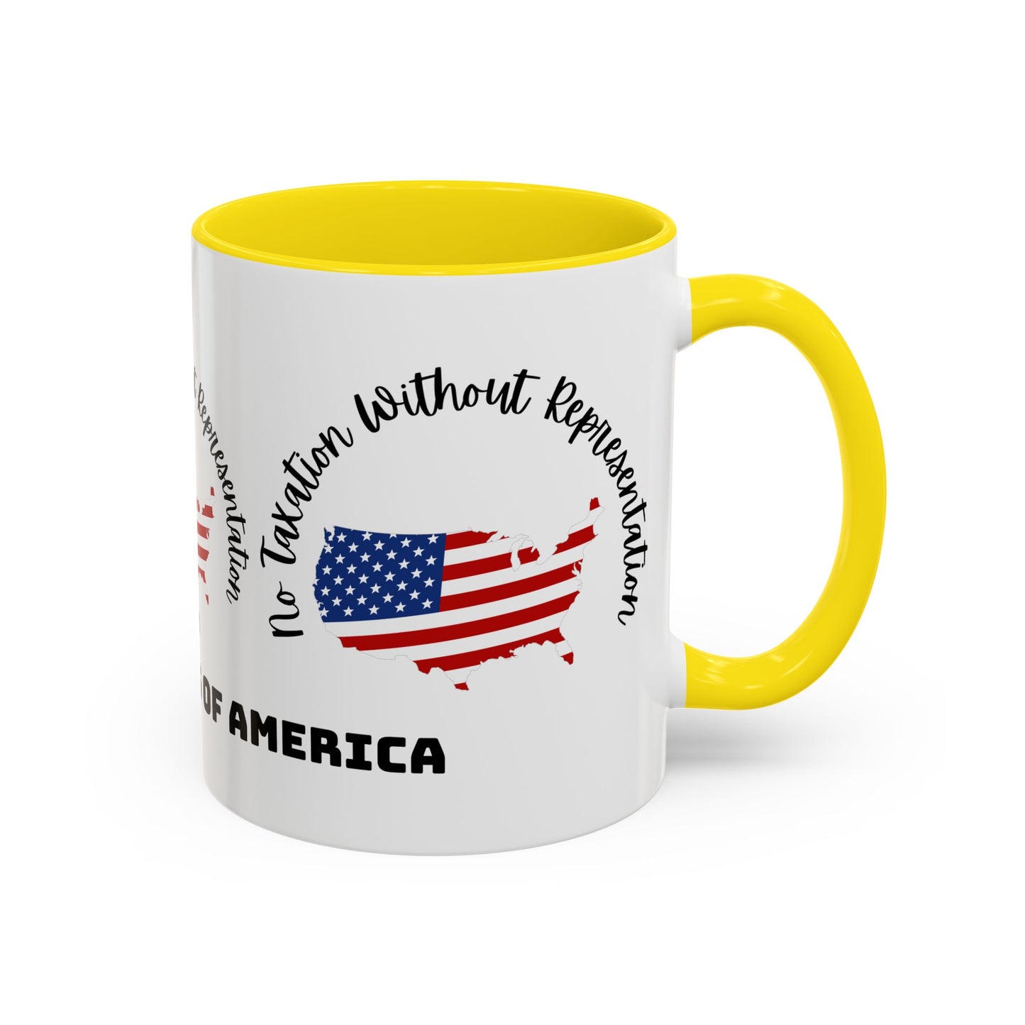 United States Map Flag Coffee Mug — "No Taxation Without Representation" 11/15oz Accent