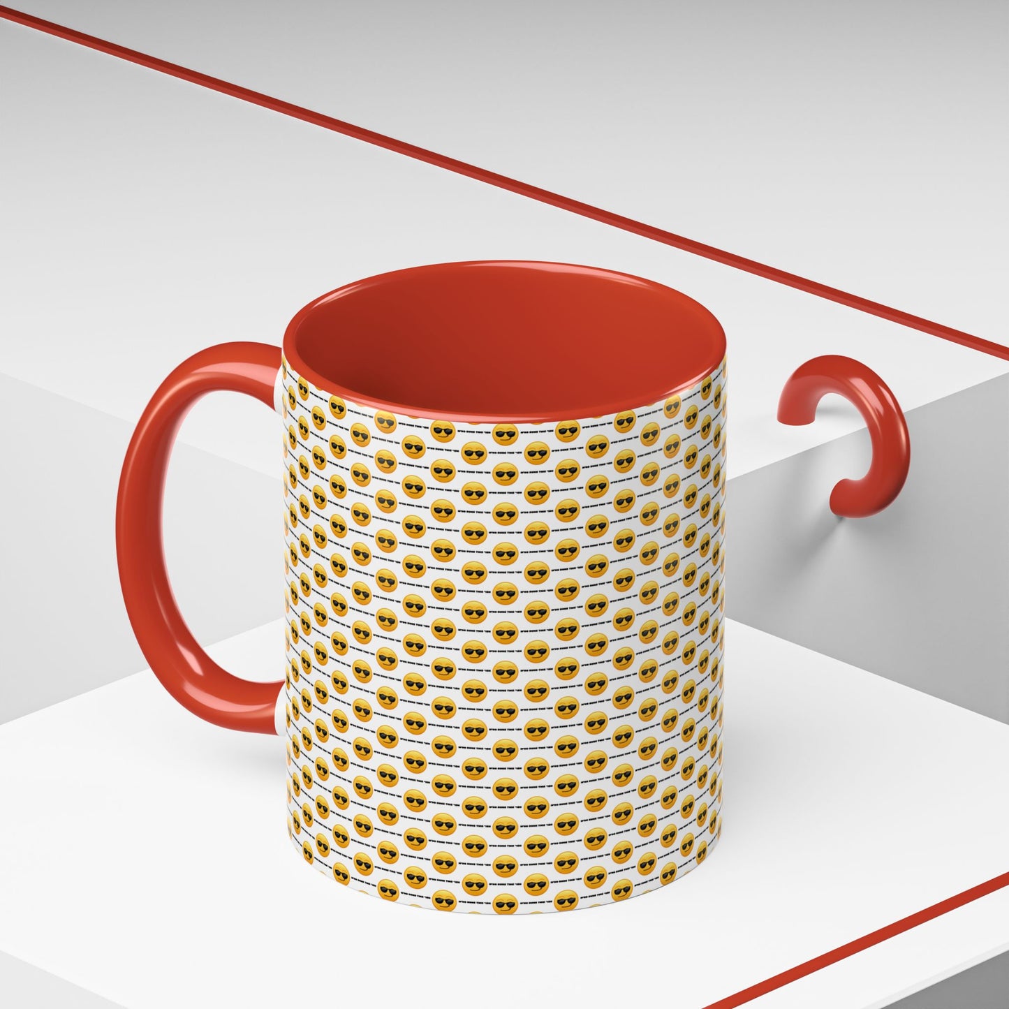Sunglasses Emoji Pattern Accent Coffee Mug (11 oz) Asking "Who Run's This Ish"