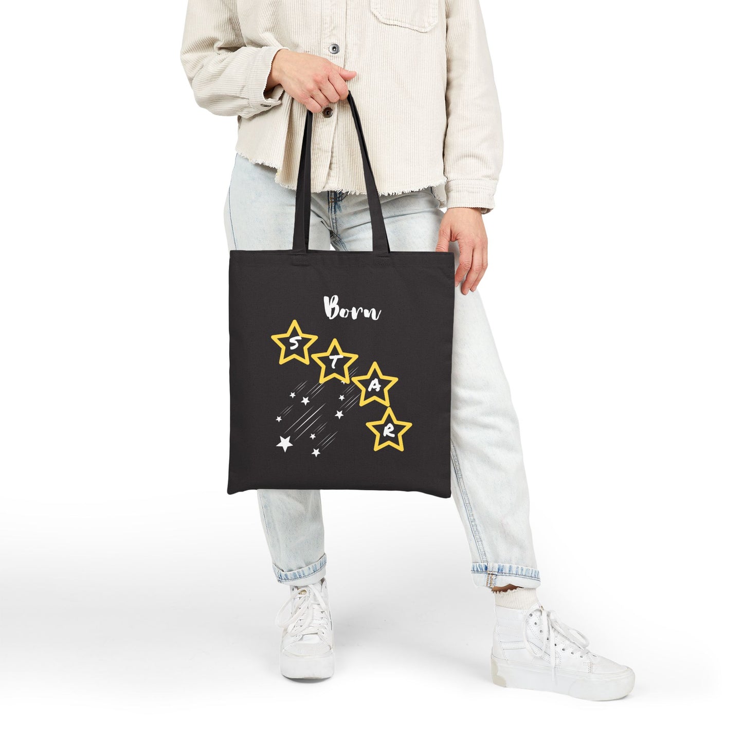 Born Star Tote Bag — Cute Celestial Cotton Canvas Tote With White Font and Stars