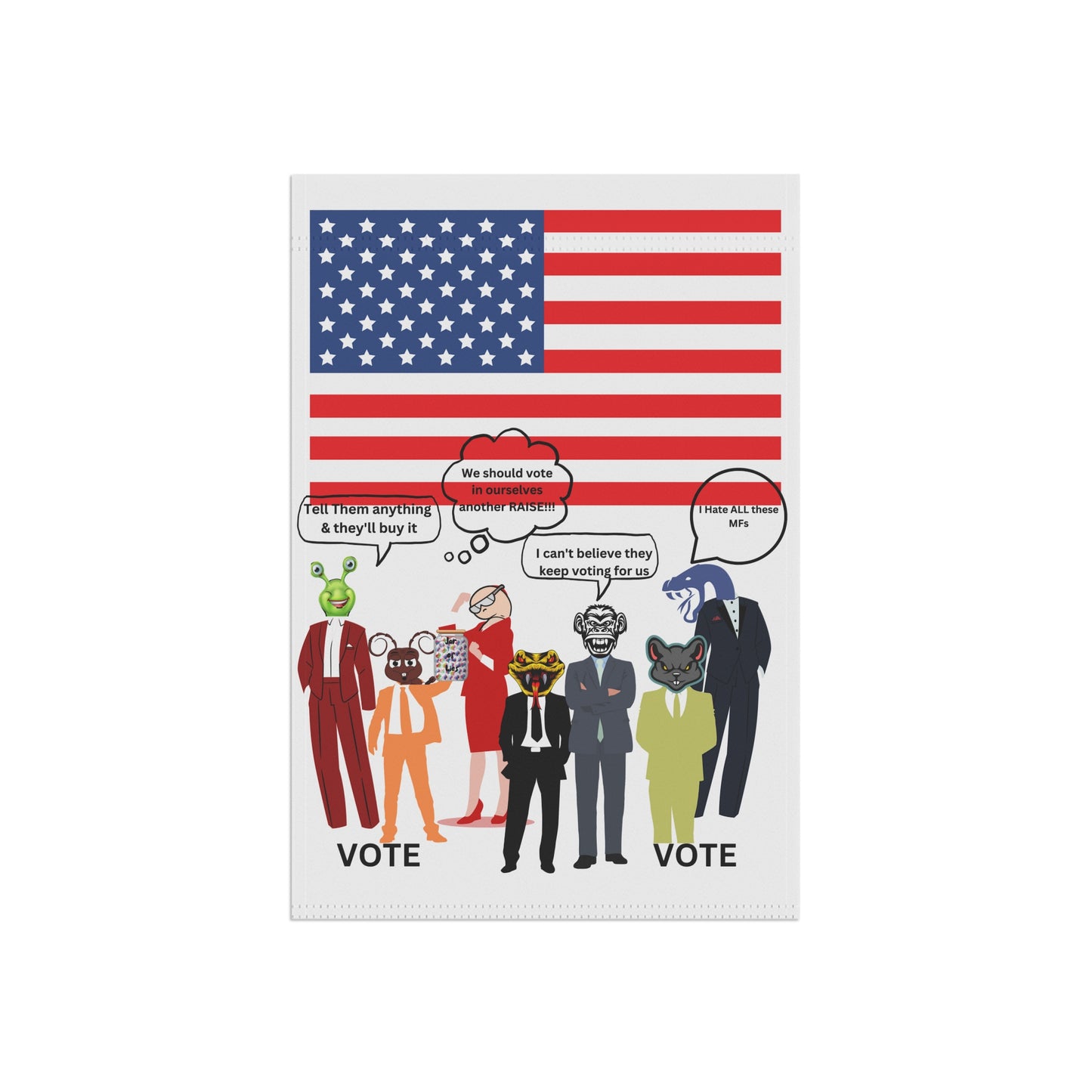 "Jar of Lies" Garden Flag - Patriotic Funny Cartoon Characters with American Flag