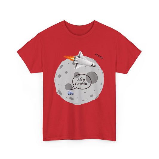 Hey Cousin Rocket Moon T-Shirt — Cute Retro Space Plane Graphic Tee