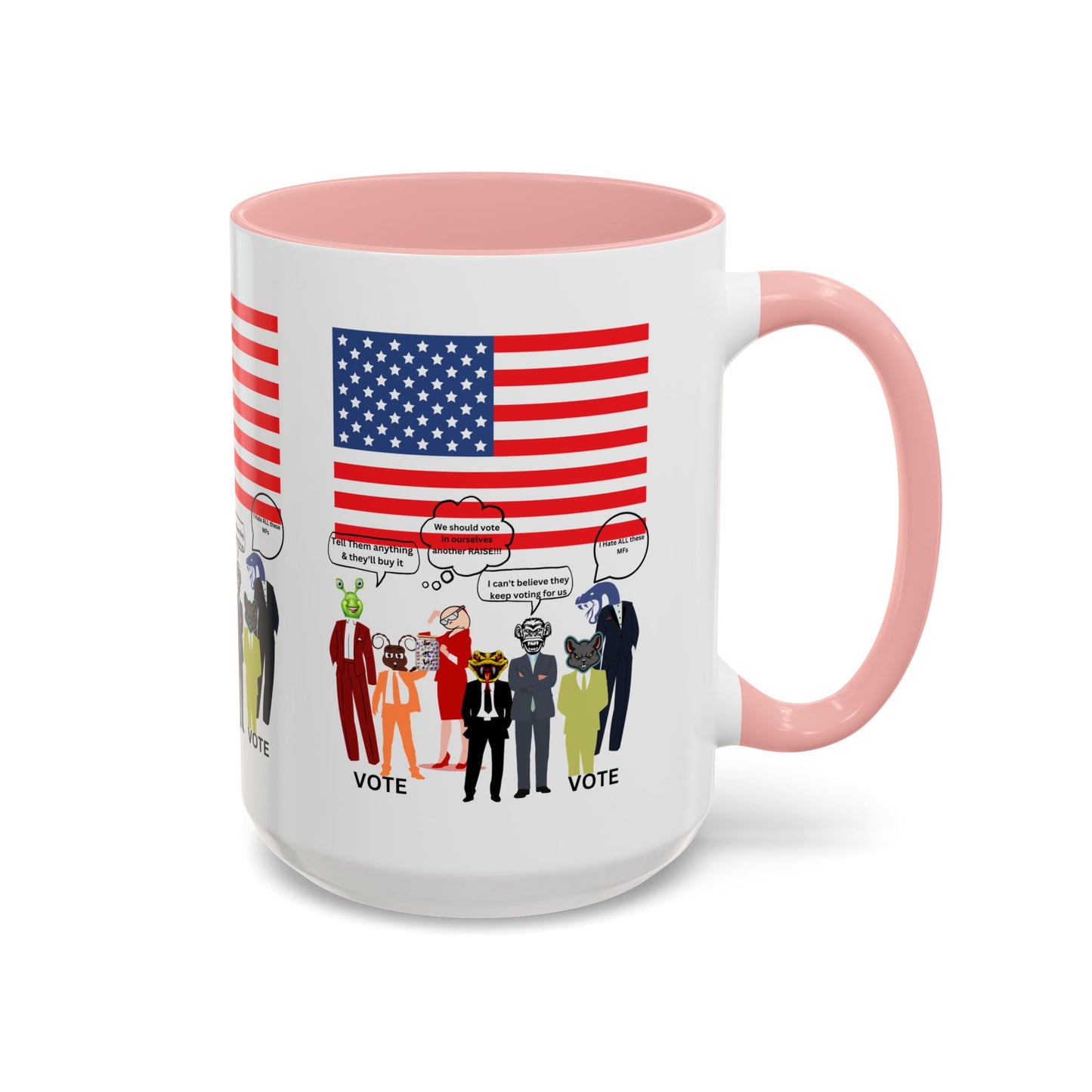 Patriotic Accent Coffee Mug — American Flag & Politicians in Lizard Form Illustration (15oz)