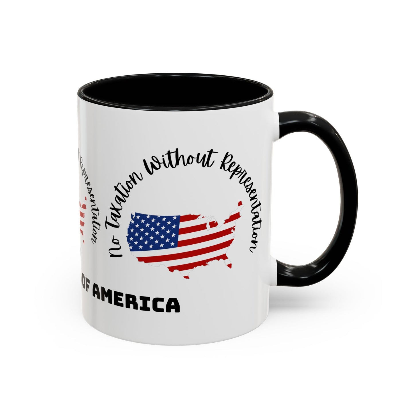 United States Map Flag Coffee Mug — "No Taxation Without Representation" 11/15oz Accent