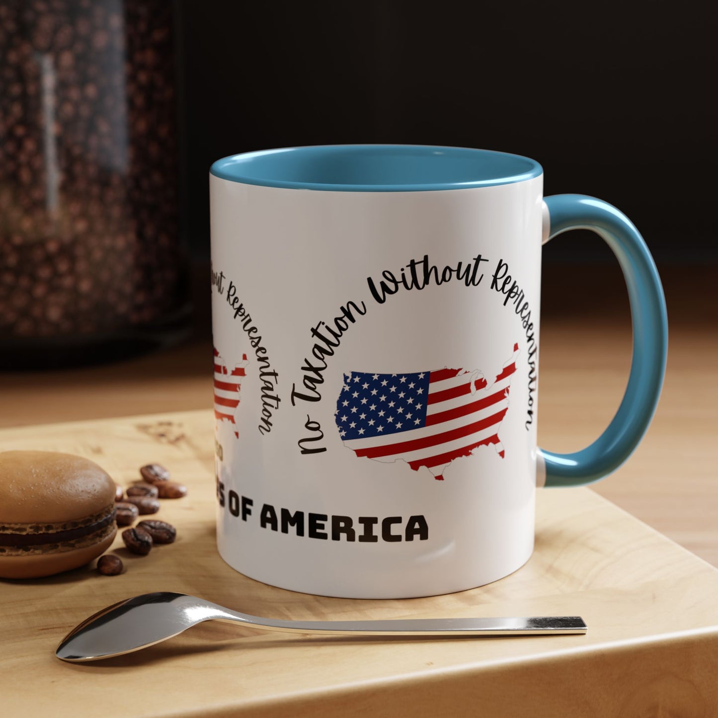 United States Map Flag Coffee Mug — "No Taxation Without Representation" 11/15oz Accent
