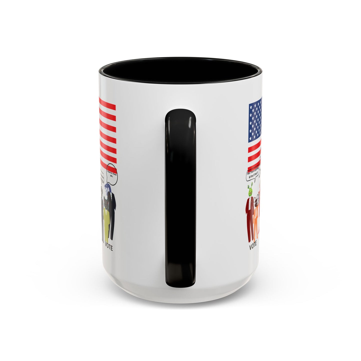 Patriotic Accent Coffee Mug — American Flag & Politicians in Lizard Form Illustration (15oz)