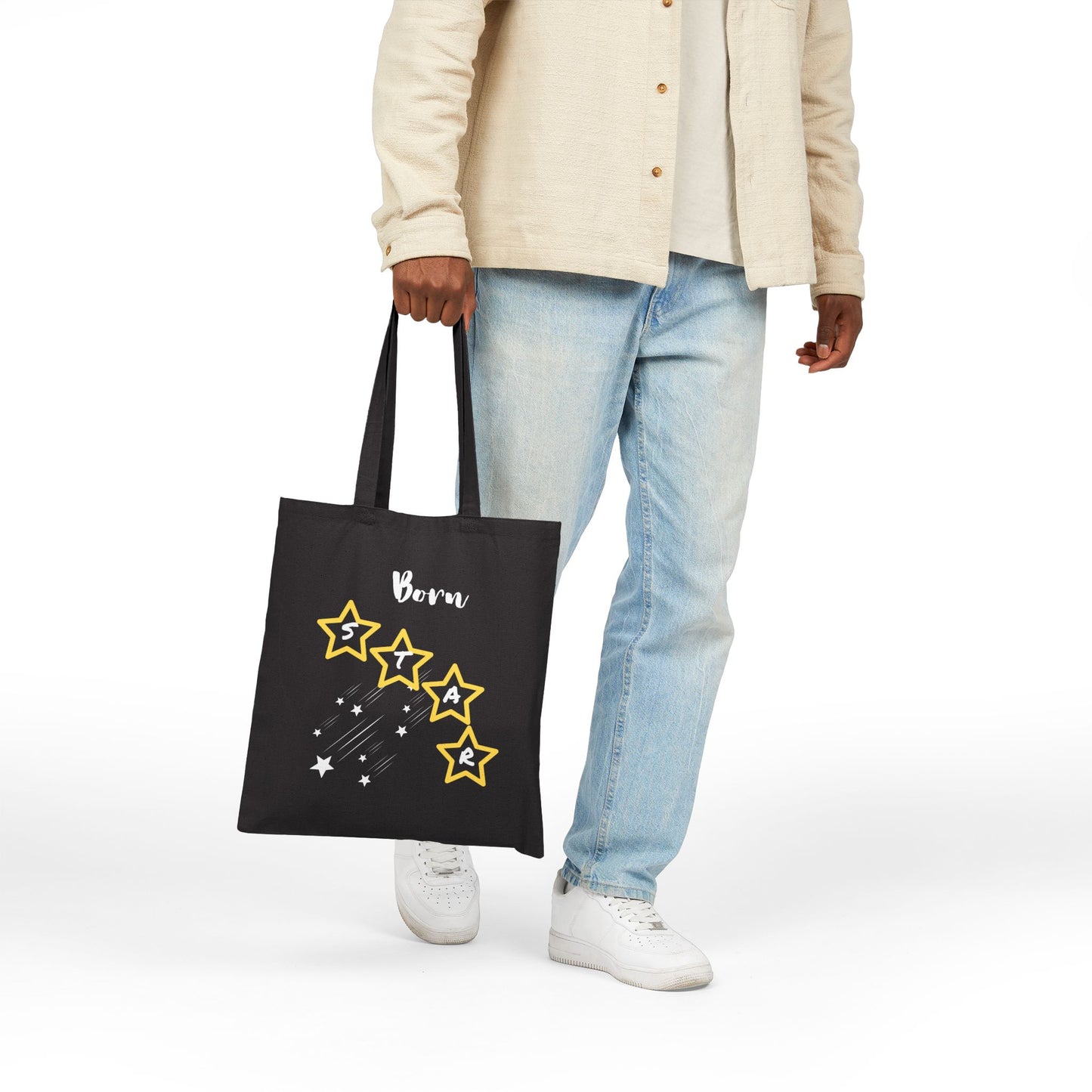 Born Star Tote Bag — Cute Celestial Cotton Canvas Tote With White Font and Stars