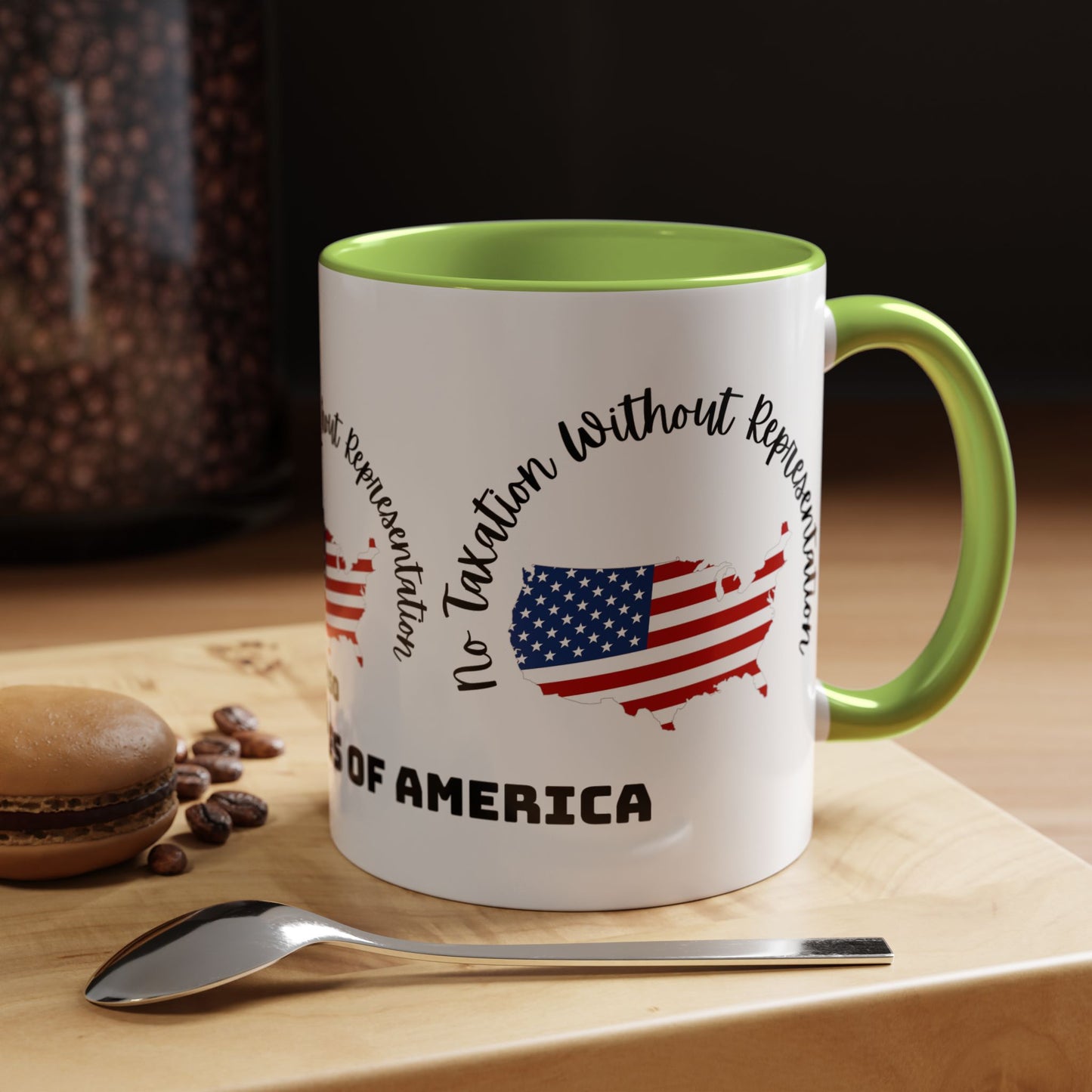 United States Map Flag Coffee Mug — "No Taxation Without Representation" 11/15oz Accent