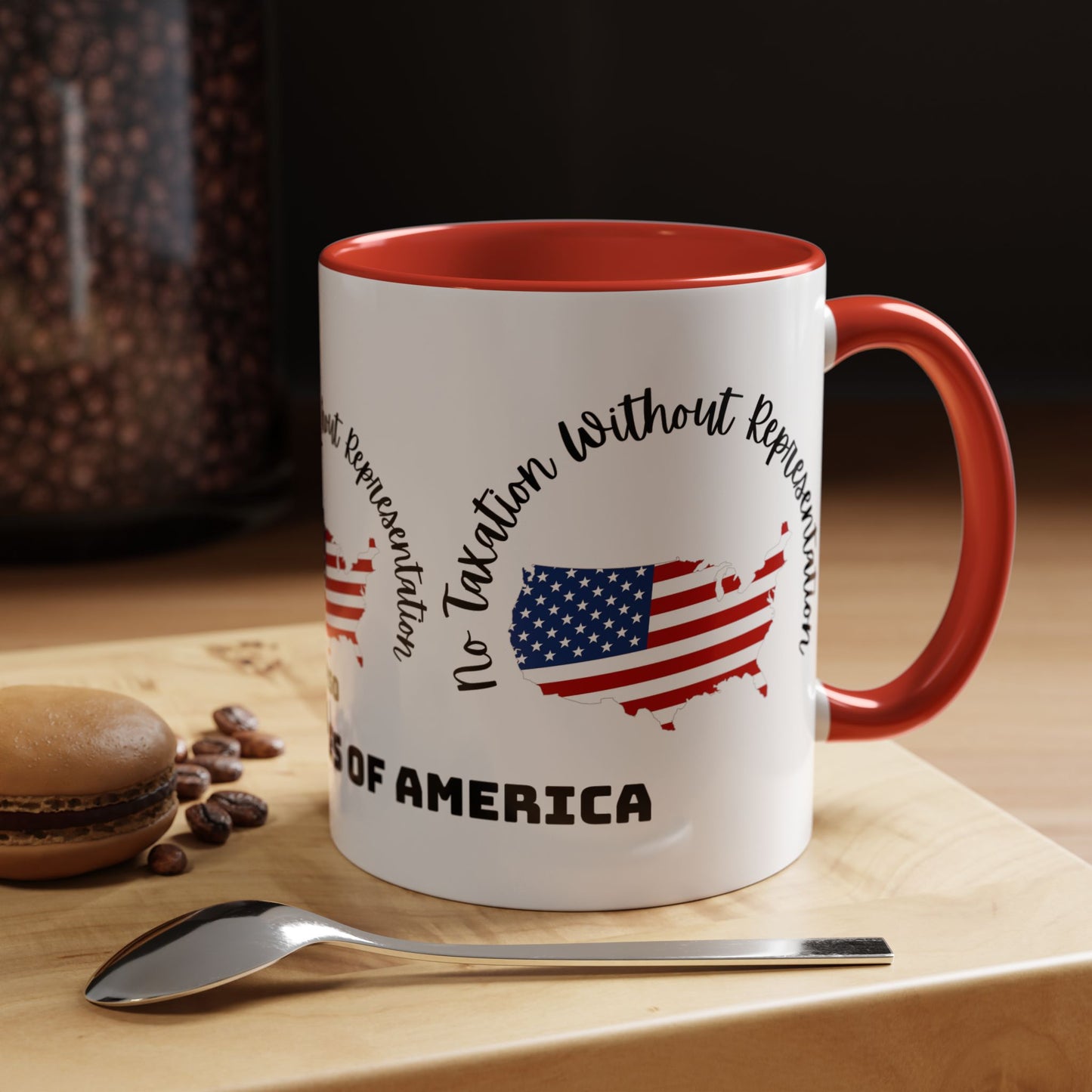 United States Map Flag Coffee Mug — "No Taxation Without Representation" 11/15oz Accent