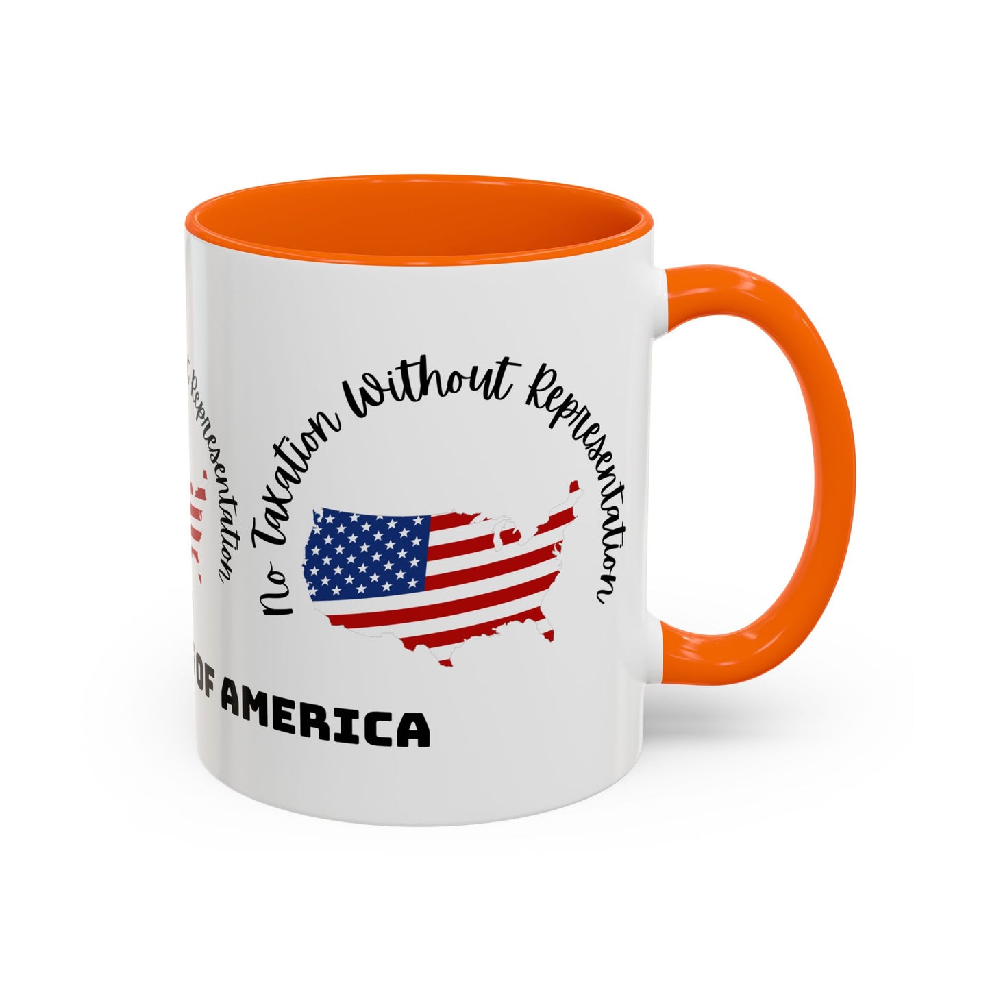 United States Map Flag Coffee Mug — "No Taxation Without Representation" 11/15oz Accent