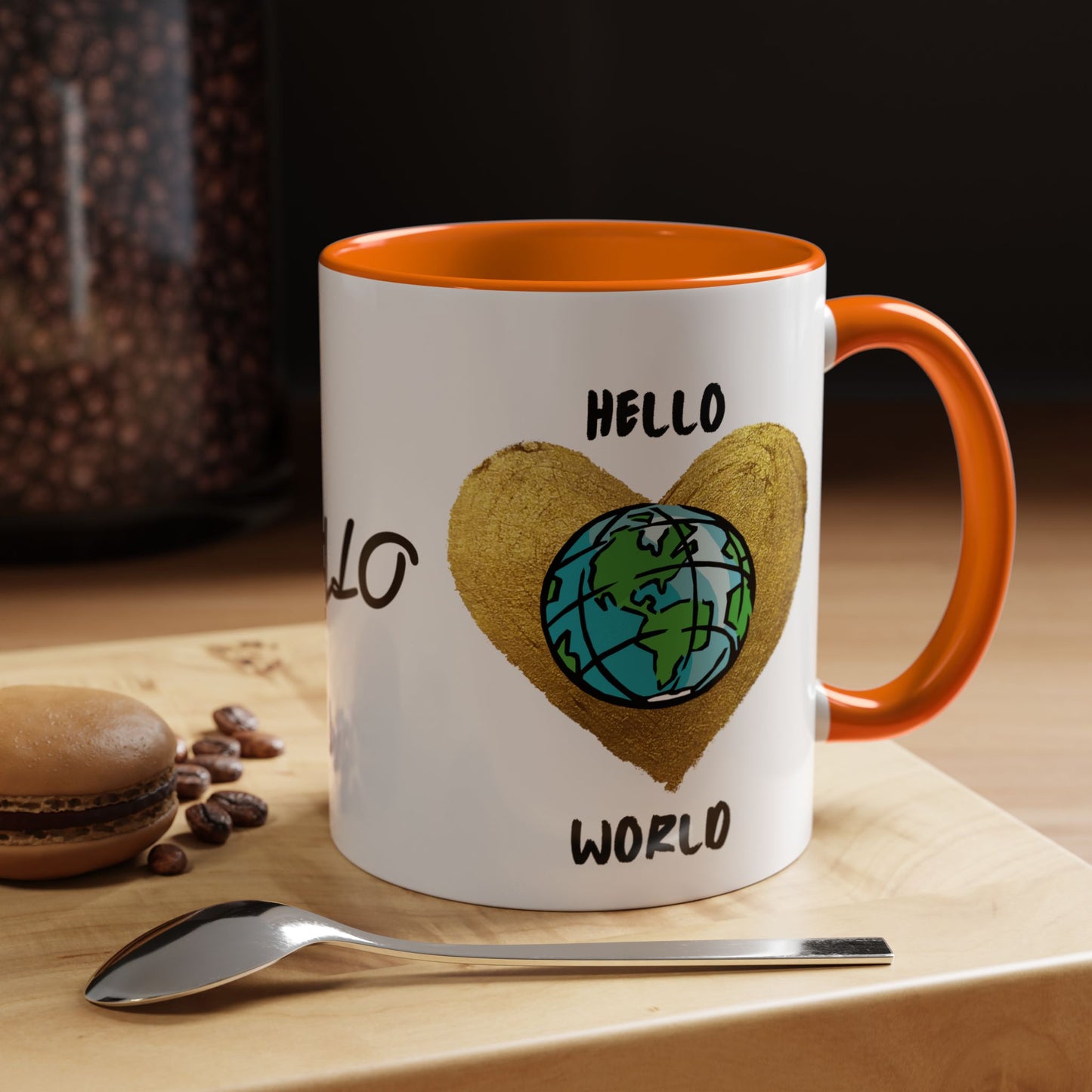 Hello World Coffee Mug — Heart Globe Accent 11oz