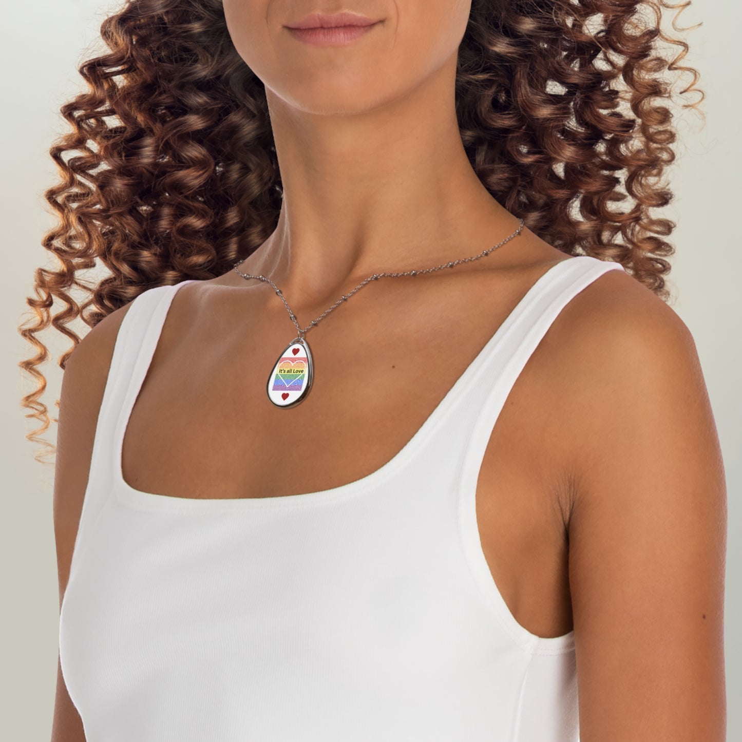 Oval Necklace — Rainbow "It's all Love" Heart Pendant Necklace