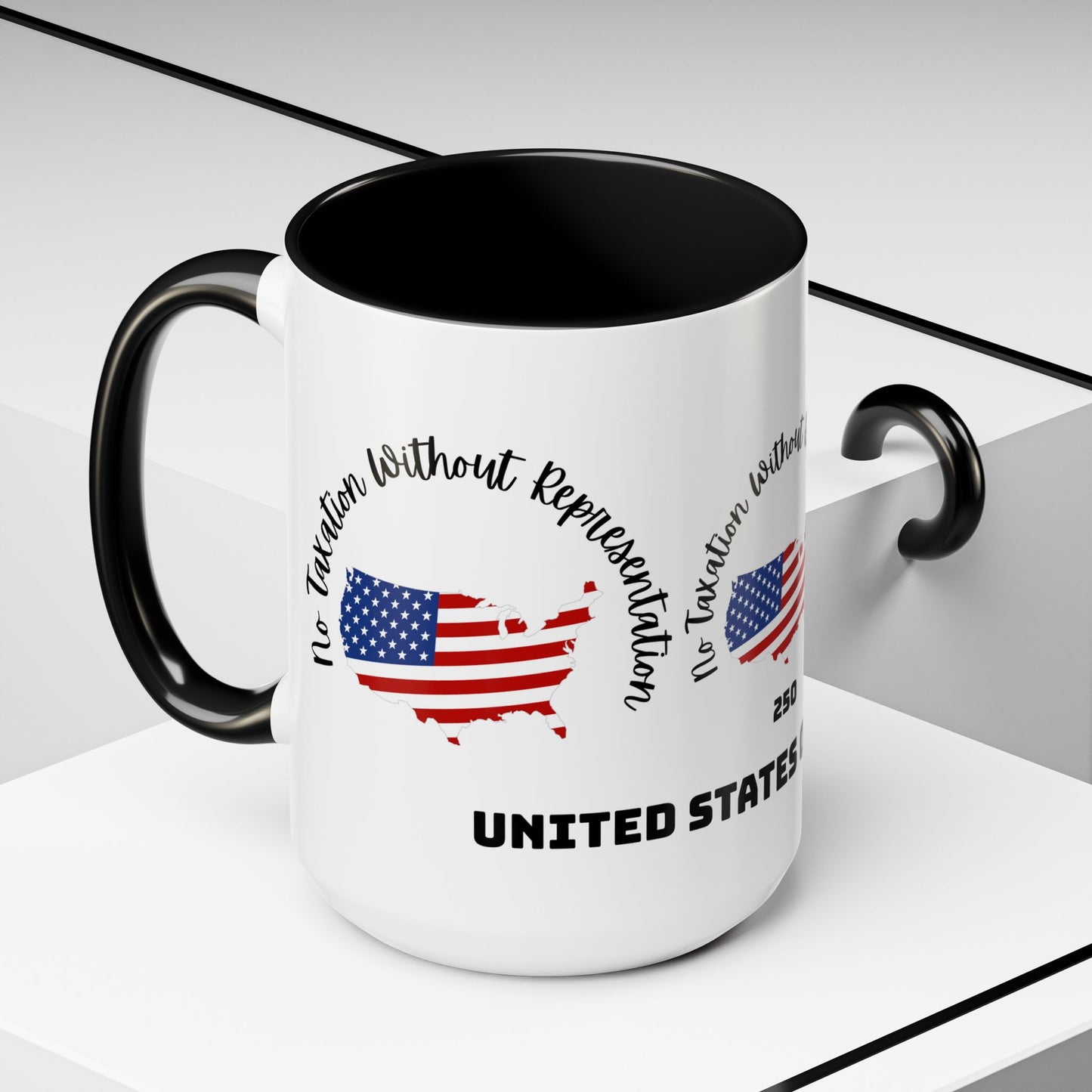 United States Map Flag Coffee Mug — "No Taxation Without Representation" 11/15oz Accent