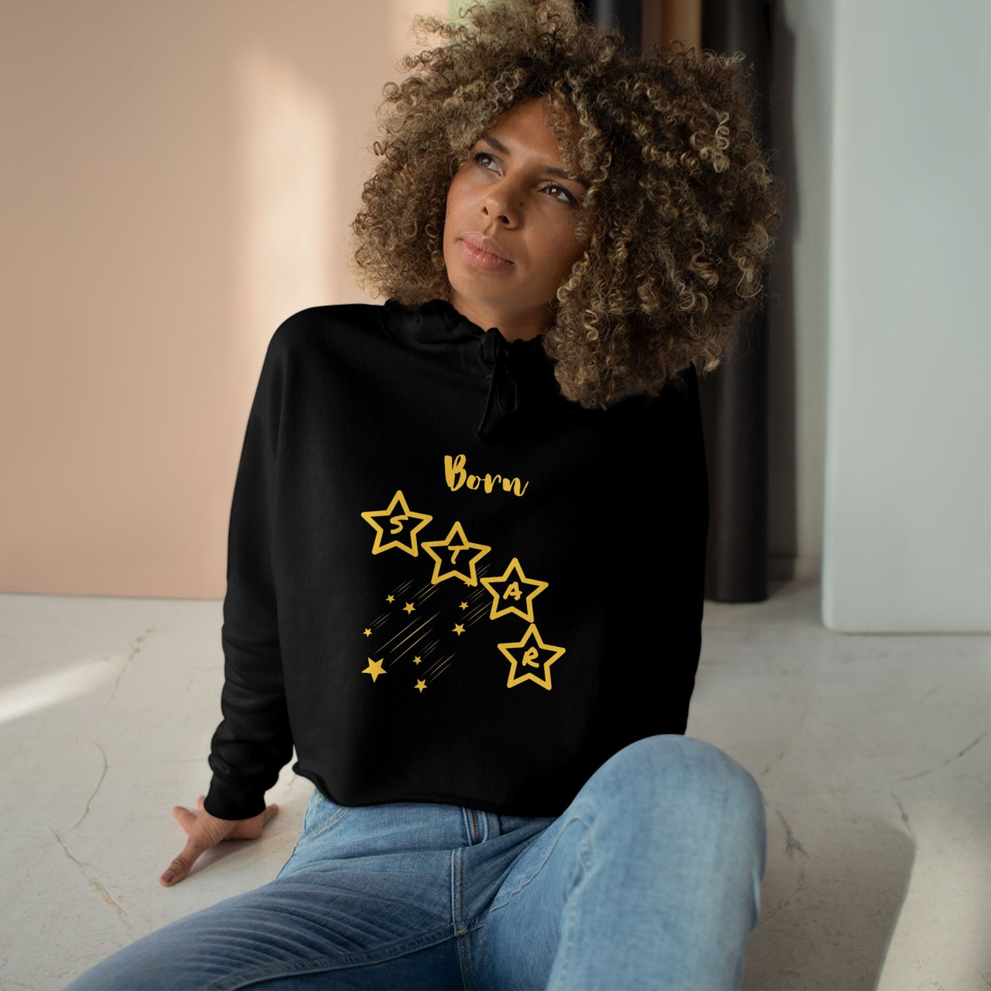 Gold-"Born Star":  Cropped Hoodie — Cute Minimalist Star Graphic Crop Sweatshirt