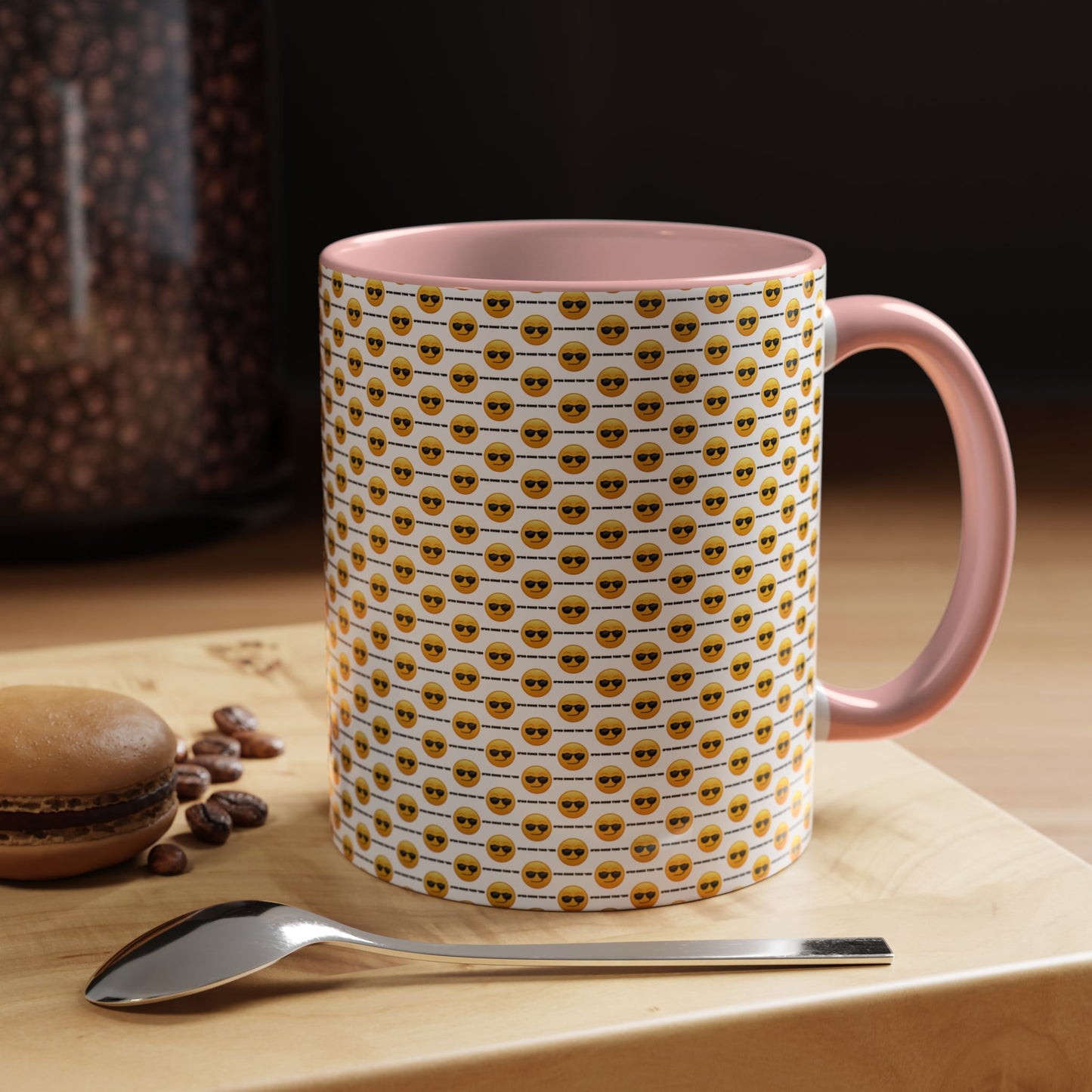 Sunglasses Emoji Pattern Accent Coffee Mug (11 oz) Asking "Who Run's This Ish"
