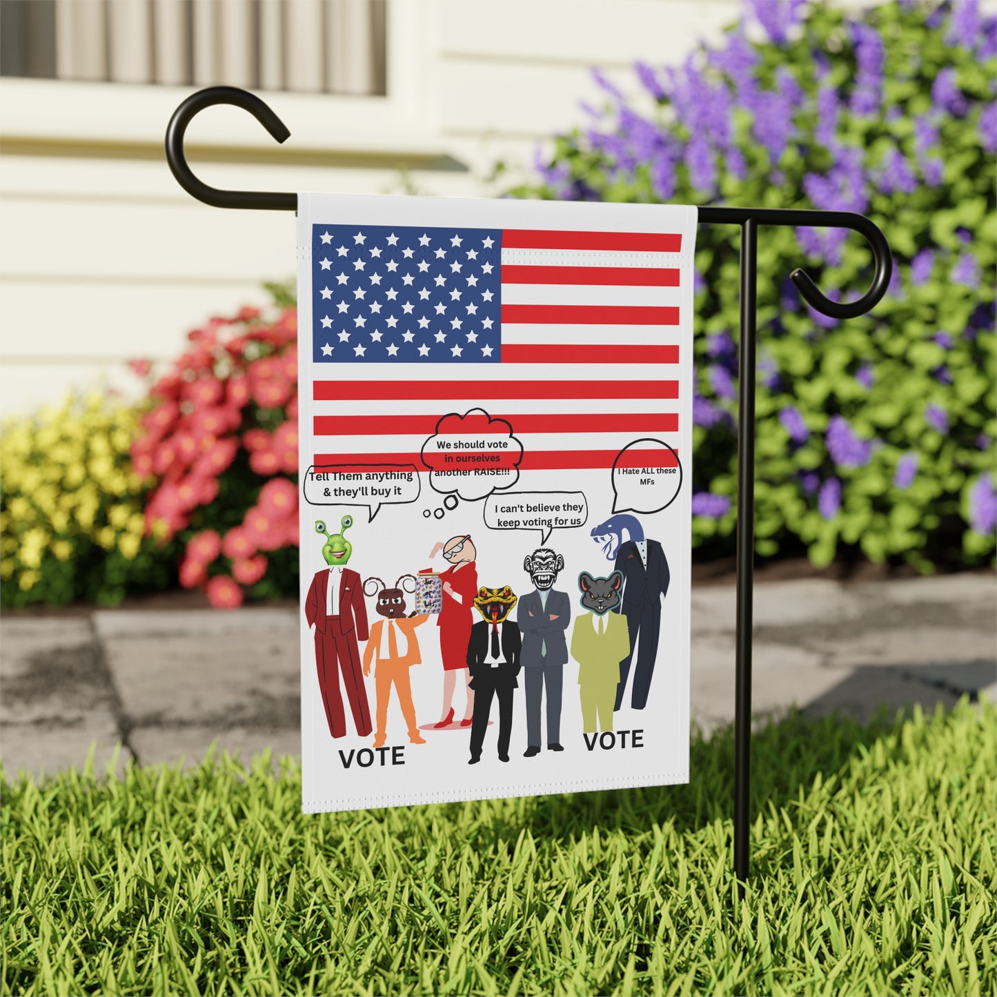 "Jar of Lies" Garden Flag - Patriotic Funny Cartoon Characters with American Flag