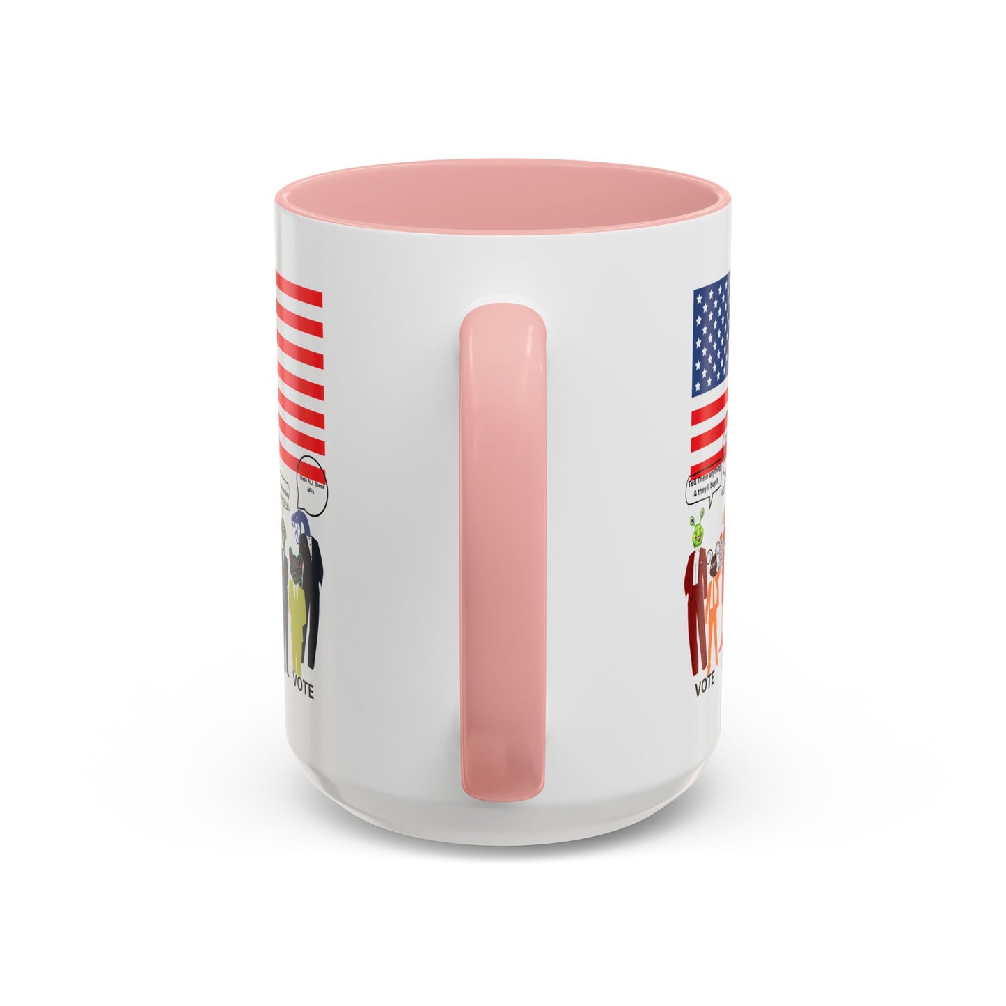 Patriotic Accent Coffee Mug — American Flag & Politicians in Lizard Form Illustration (15oz)