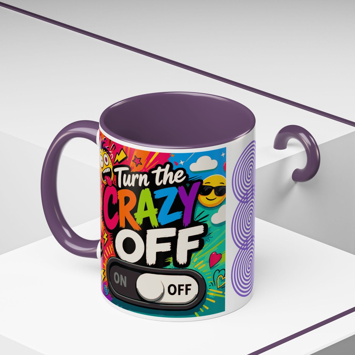 Accent Coffee Mug — "Turn the Crazy Off" Colorful Funny Ceramic Mug (11/15oz)