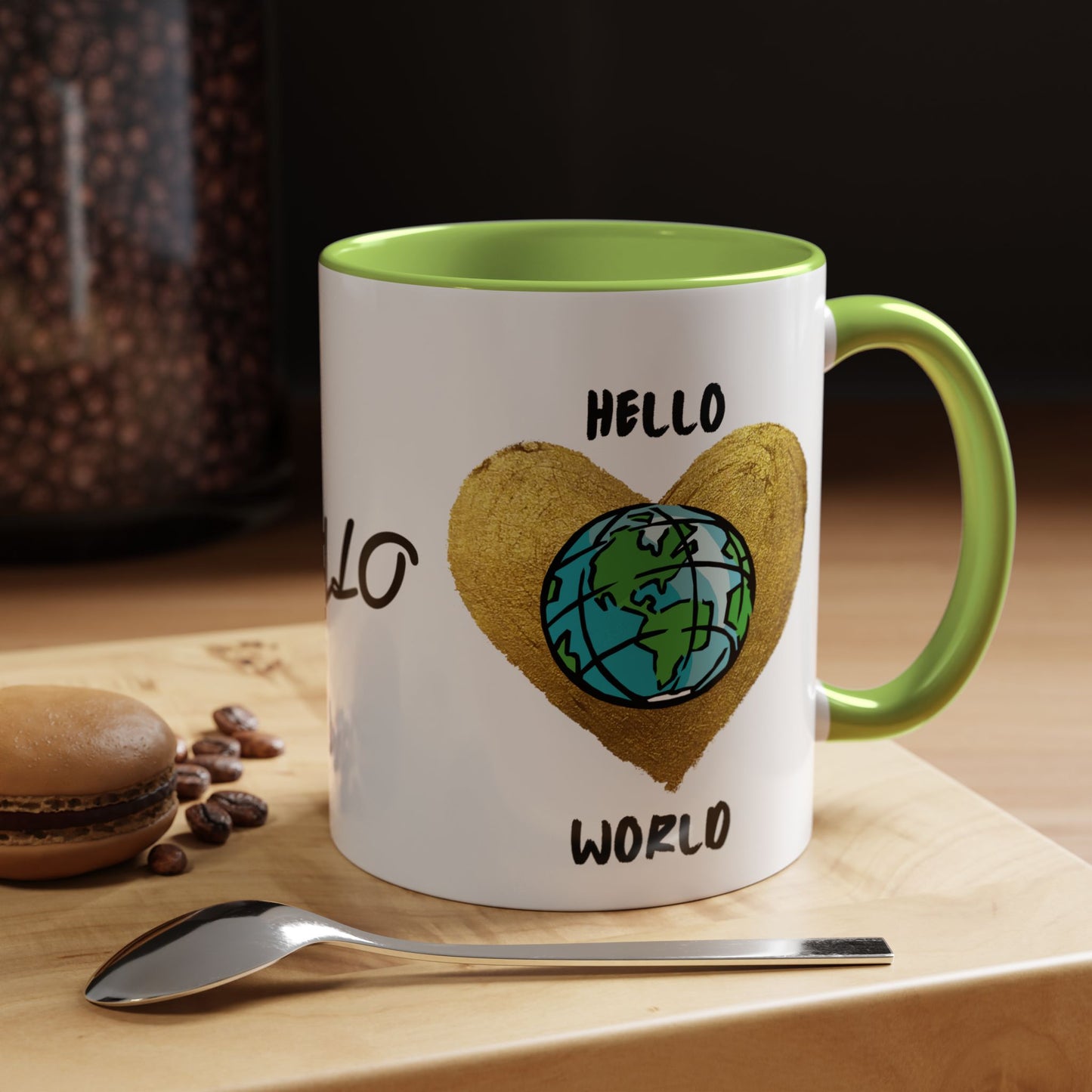 Hello World Coffee Mug — Heart Globe Accent 11oz