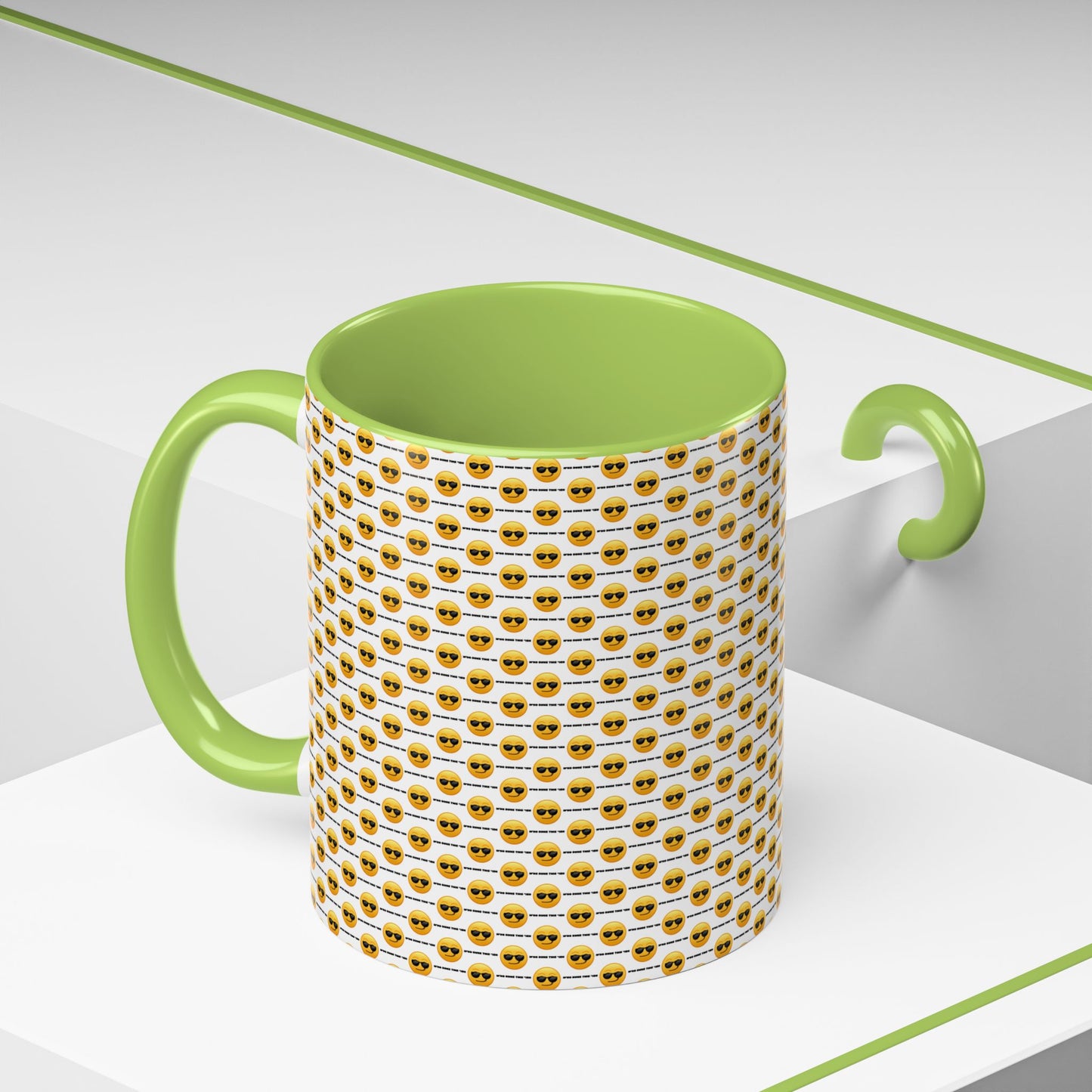 Sunglasses Emoji Pattern Accent Coffee Mug (11 oz) Asking "Who Run's This Ish"