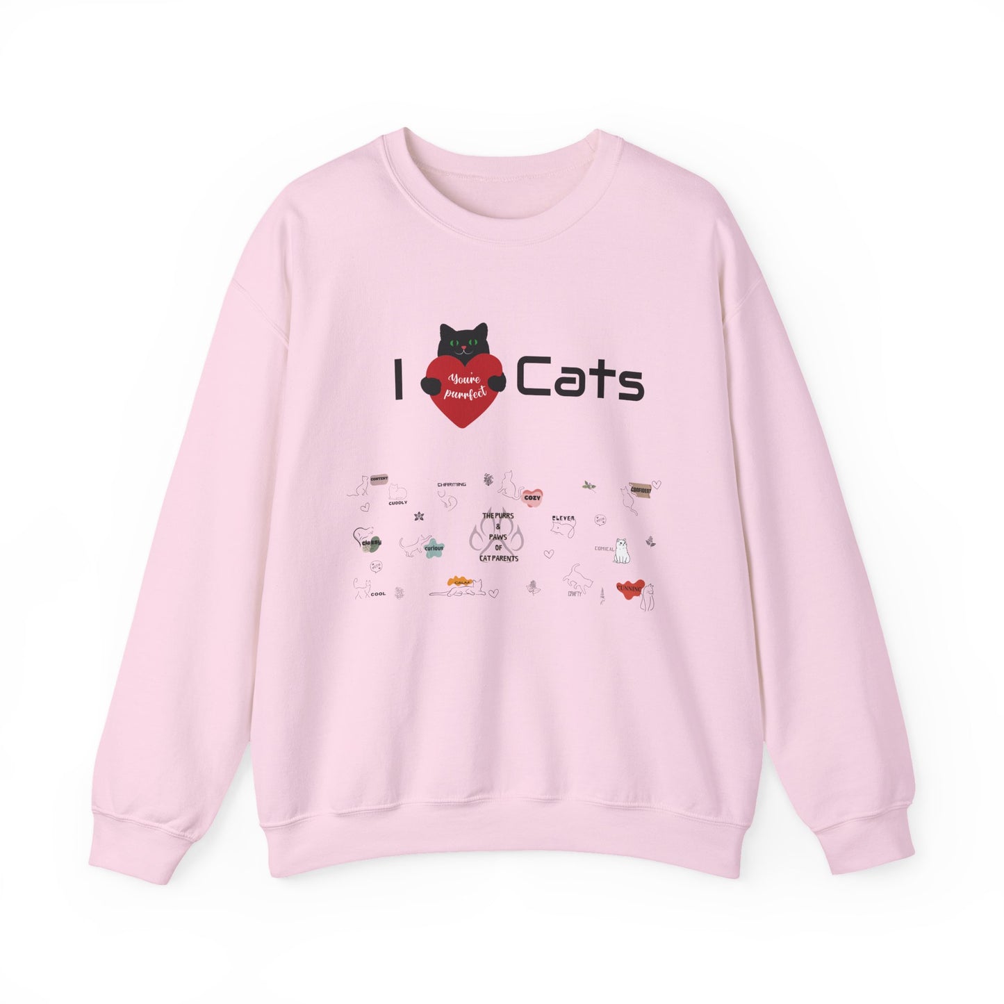"I Love Cats" Unisex Heavy Blend Crewneck Sweatshirt: This design displays all the complex emotions of being a cat parent