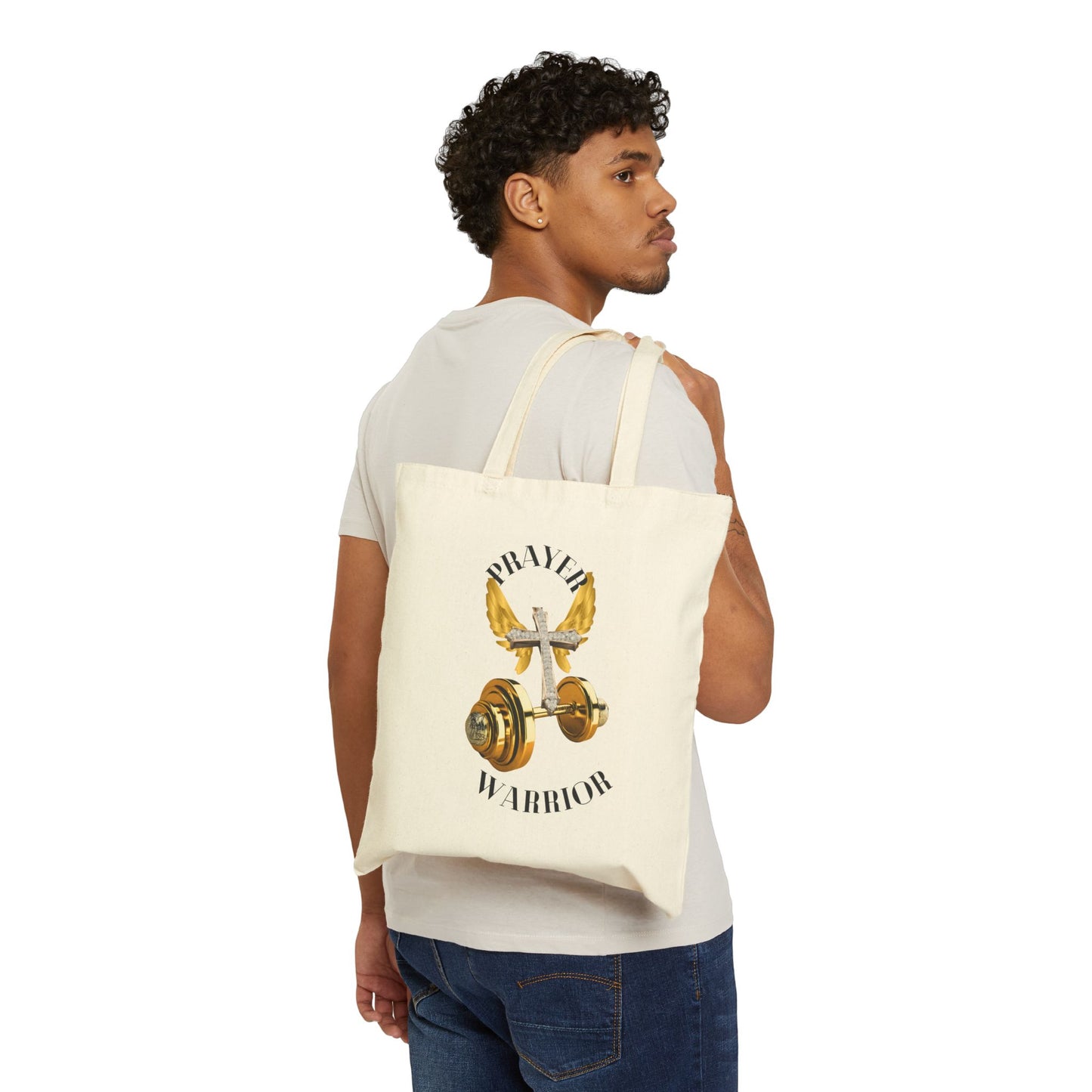 Religious Tote Bag - "Prayer Warrior" with Holy Cross and Angel Wings