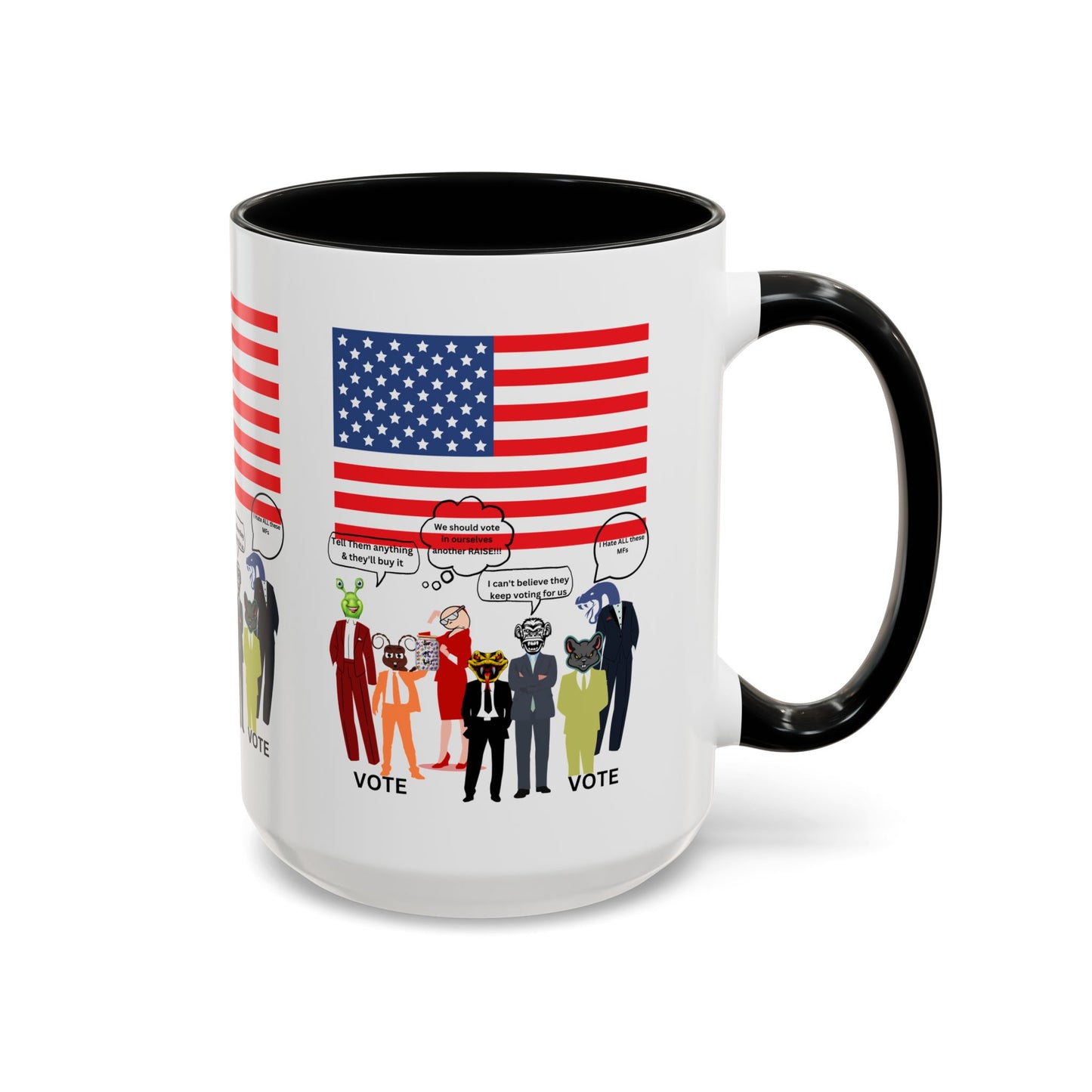 Patriotic Accent Coffee Mug — American Flag & Politicians in Lizard Form Illustration (15oz)