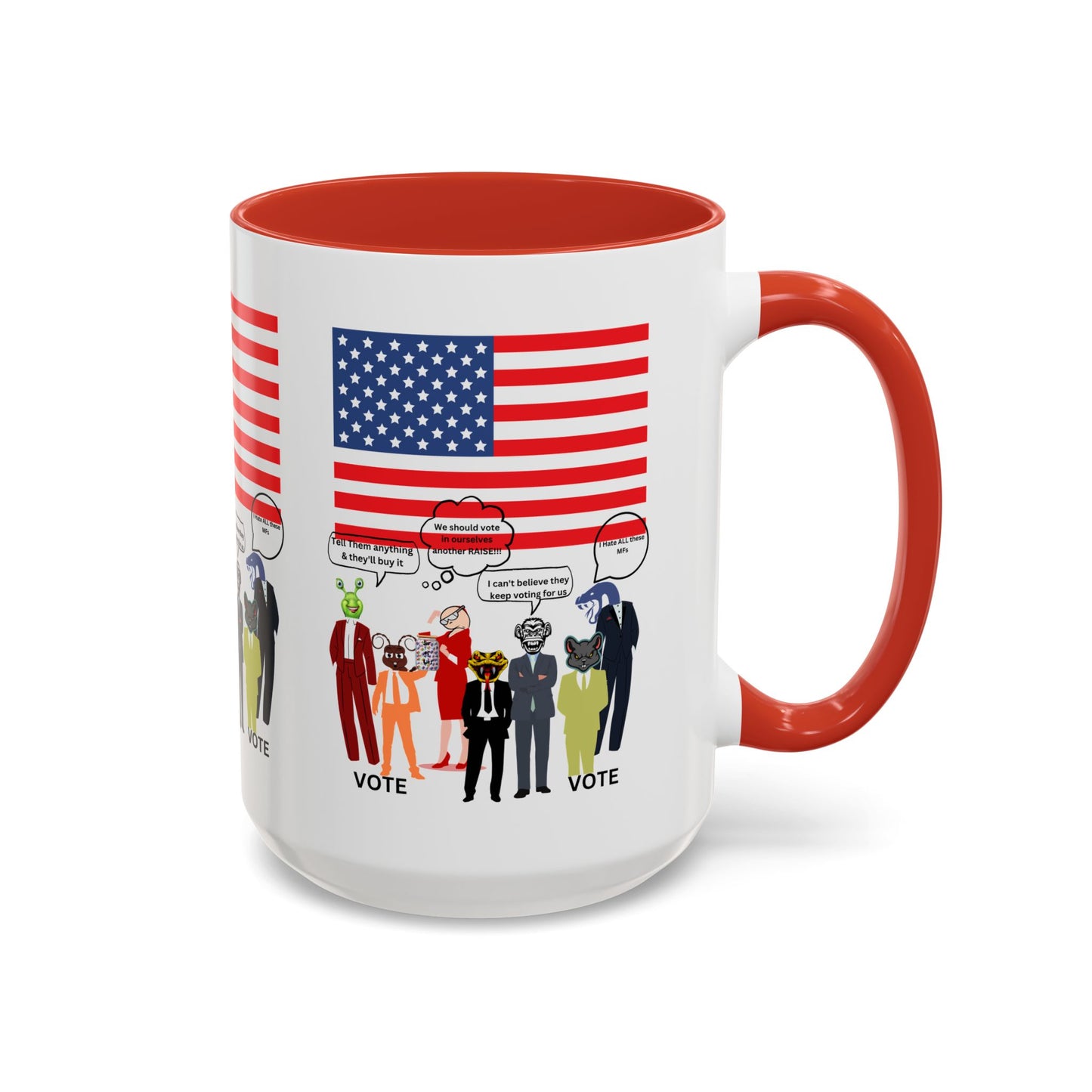Patriotic Accent Coffee Mug — American Flag & Politicians in Lizard Form Illustration (15oz)