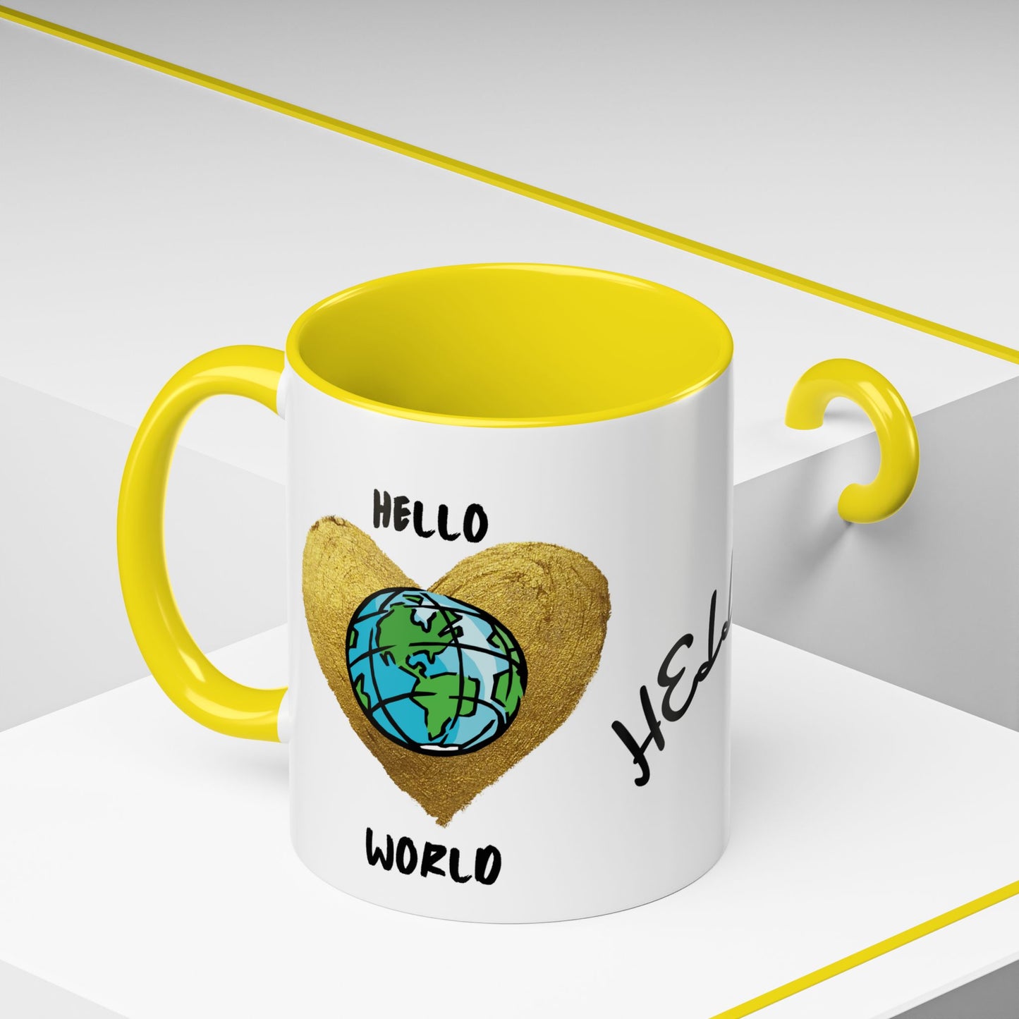 Hello World Coffee Mug — Heart Globe Accent 11oz