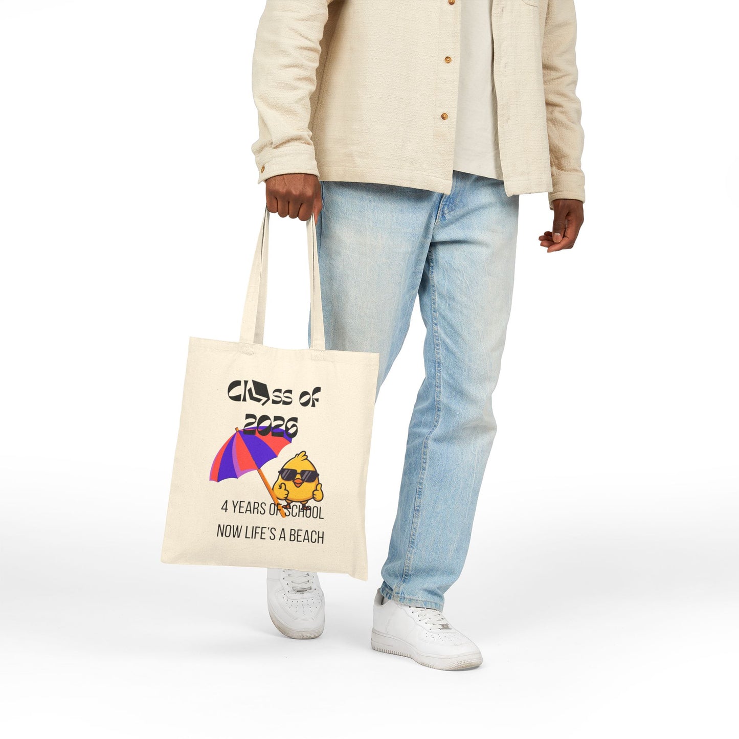 Class of 2026 Graduation Tote Bag — "4 Years of School, Now Life's a Beach" Cotton Canvas Gift