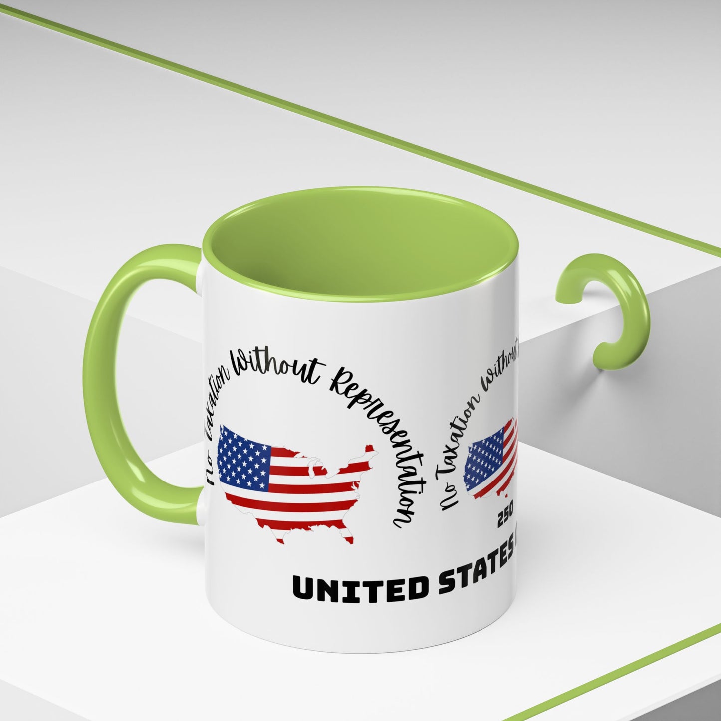 United States Map Flag Coffee Mug — "No Taxation Without Representation" 11/15oz Accent