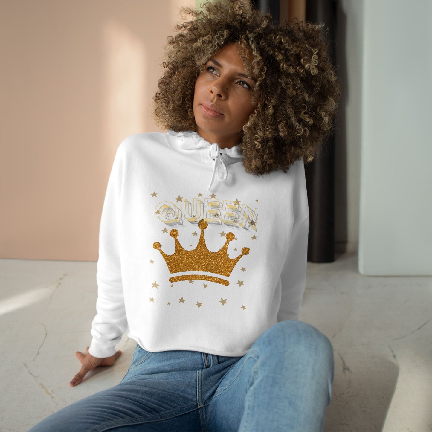 Queen - Gold Crown Crop Hoodie — Glitter Royalty Graphic Crop Hoodie