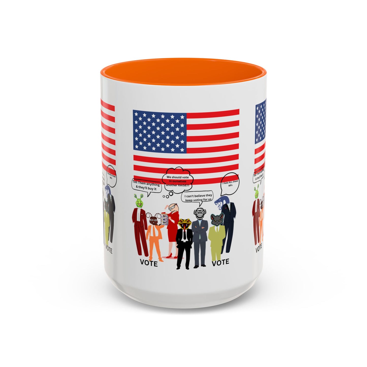 Patriotic Accent Coffee Mug — American Flag & Politicians in Lizard Form Illustration (15oz)