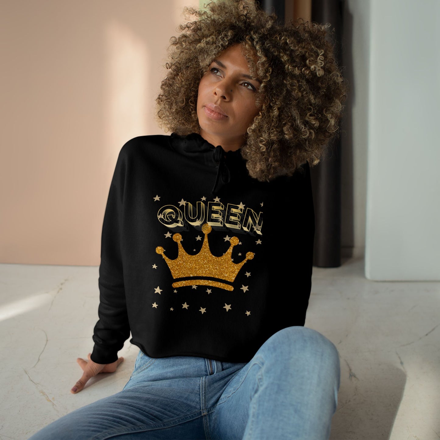 Queen - Gold Crown Crop Hoodie — Glitter Royalty Graphic Crop Hoodie