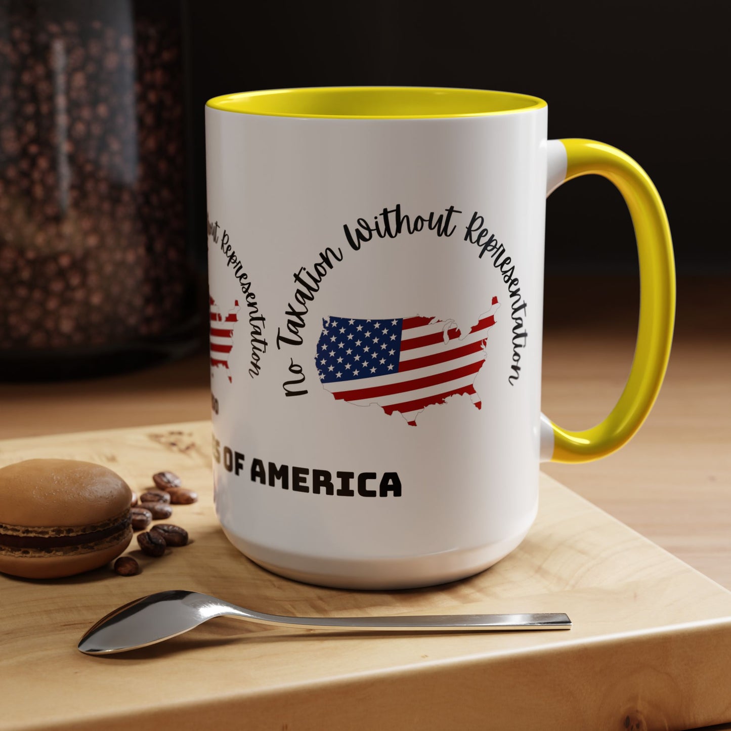 United States Map Flag Coffee Mug — "No Taxation Without Representation" 11/15oz Accent