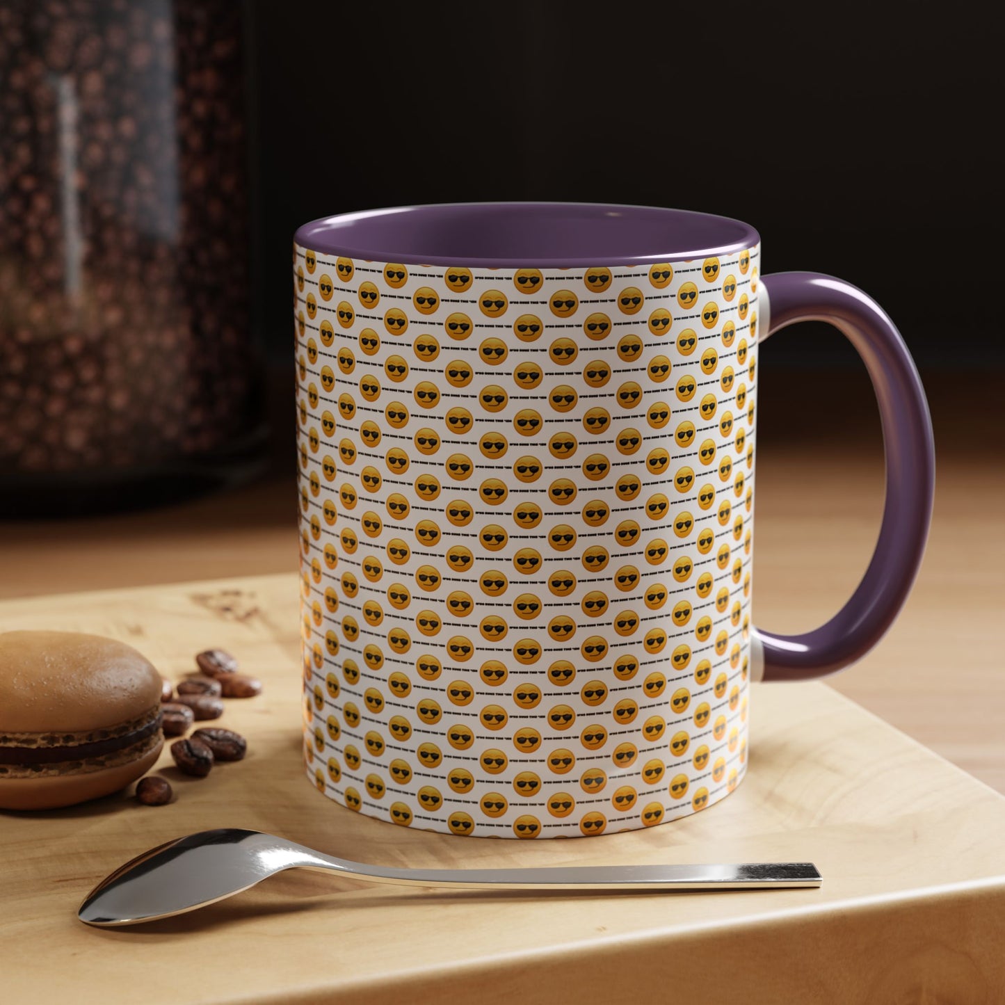 Sunglasses Emoji Pattern Accent Coffee Mug (11 oz) Asking "Who Run's This Ish"