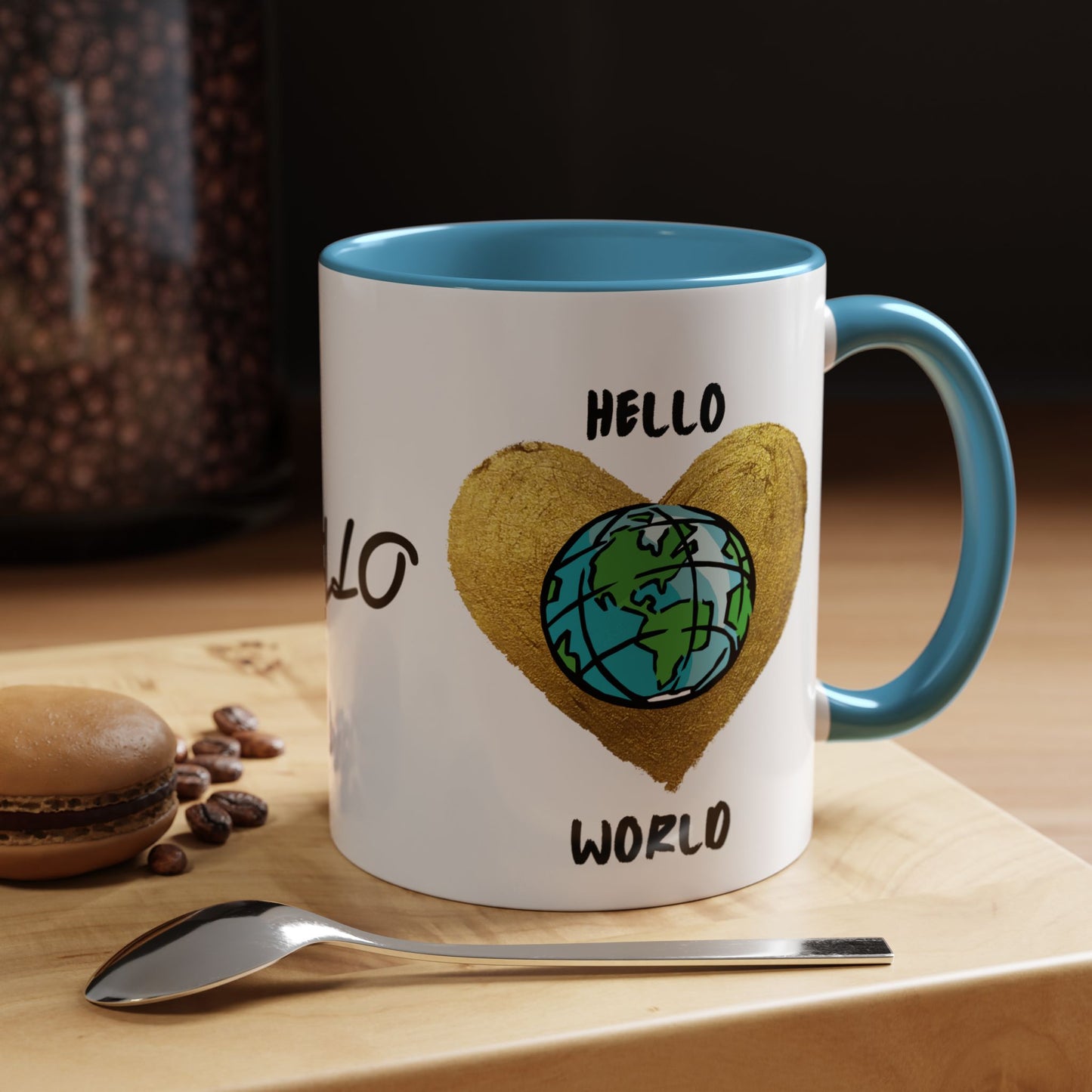 Hello World Coffee Mug — Heart Globe Accent 11oz