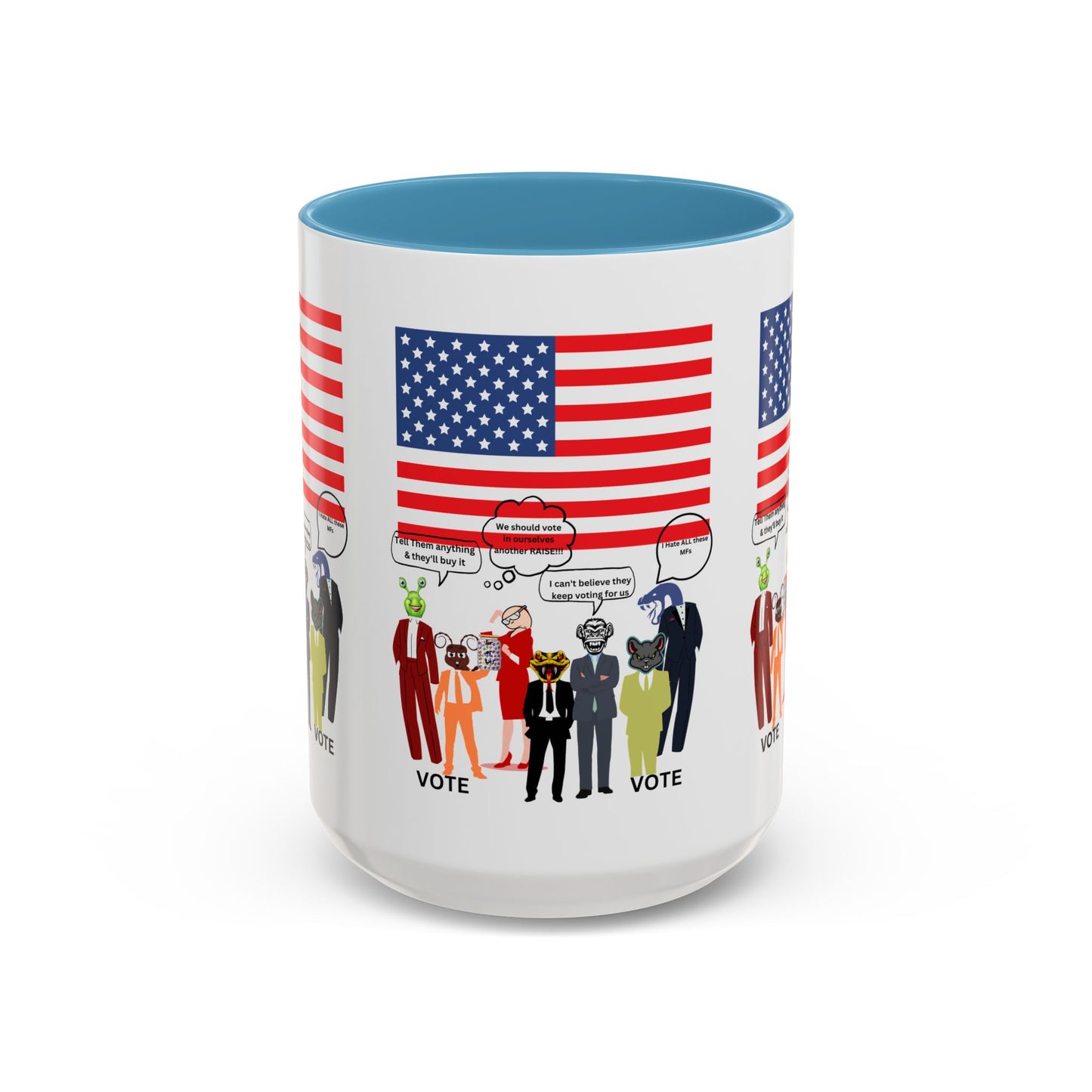 Patriotic Accent Coffee Mug — American Flag & Politicians in Lizard Form Illustration (15oz)