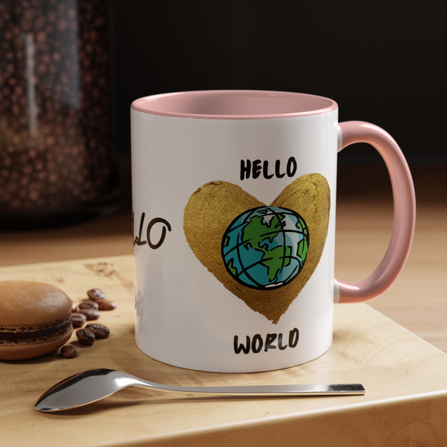 Hello World Coffee Mug — Heart Globe Accent 11oz