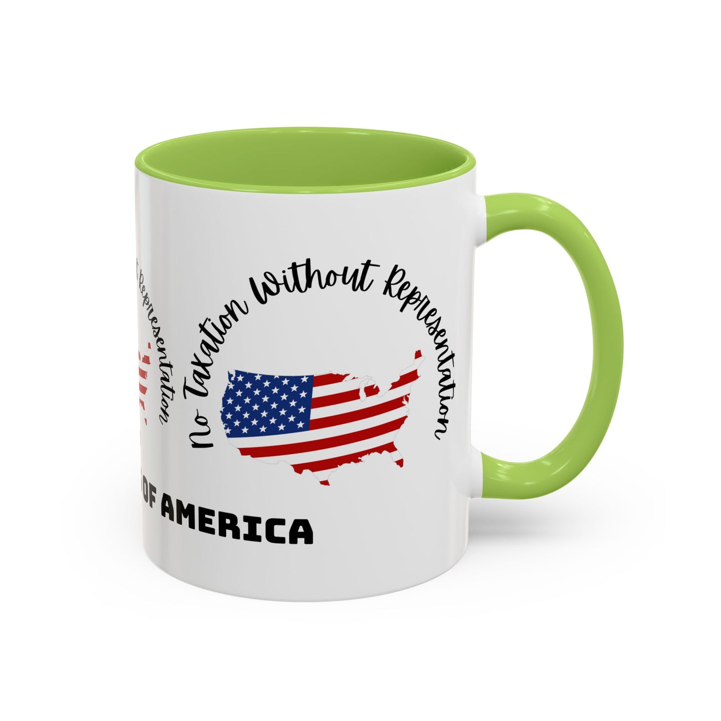 United States Map Flag Coffee Mug — "No Taxation Without Representation" 11/15oz Accent