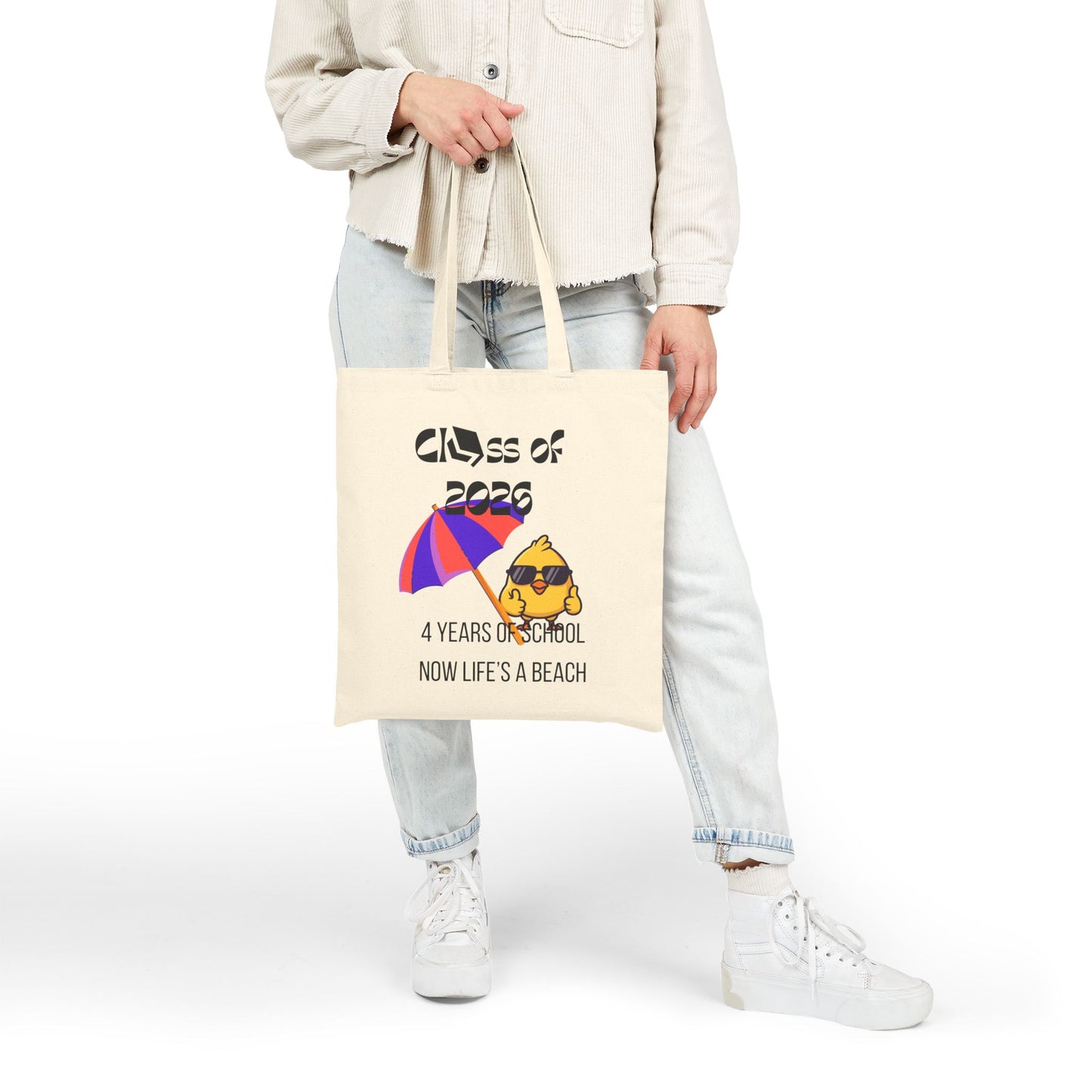 Class of 2026 Graduation Tote Bag — "4 Years of School, Now Life's a Beach" Cotton Canvas Gift