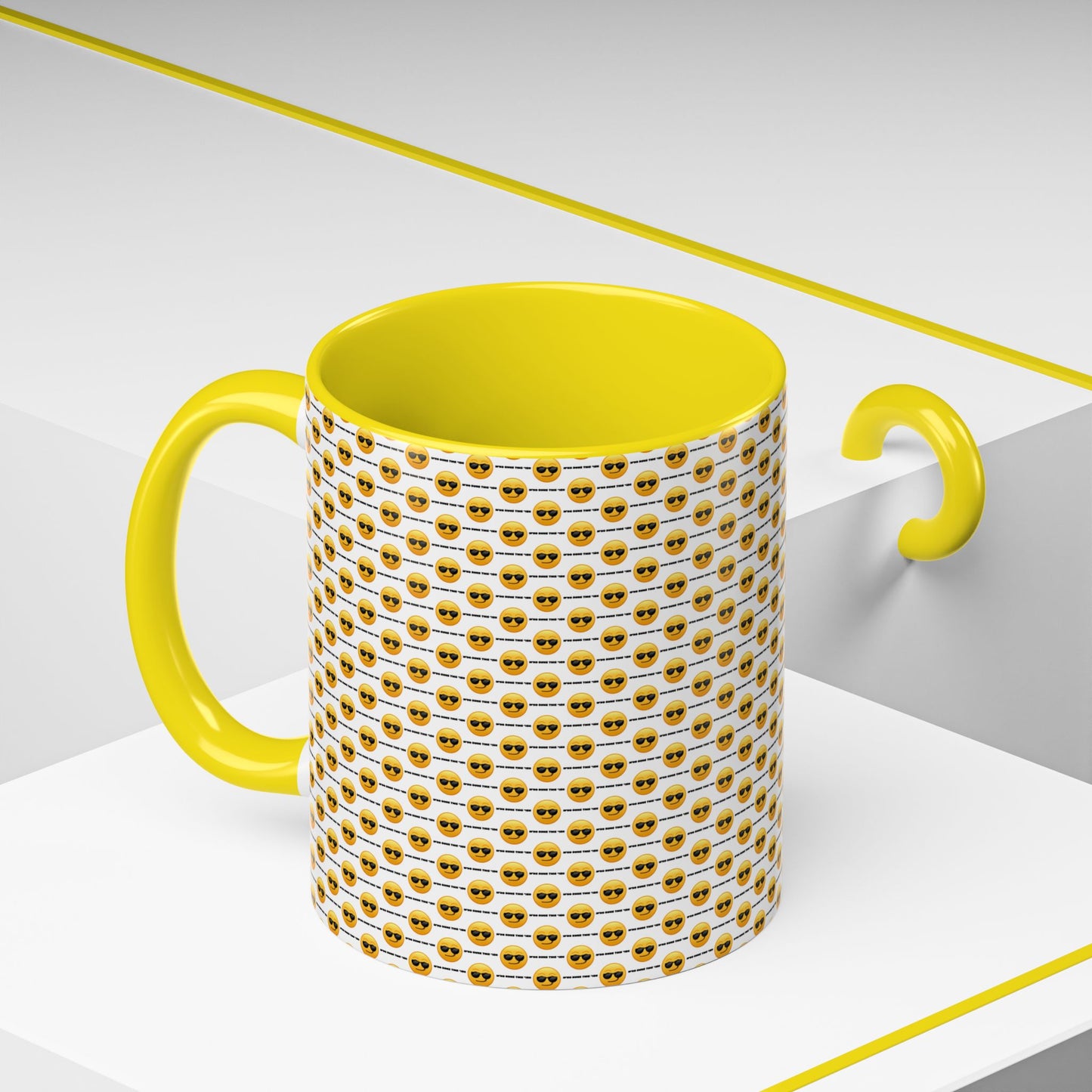 Sunglasses Emoji Pattern Accent Coffee Mug (11 oz) Asking "Who Run's This Ish"