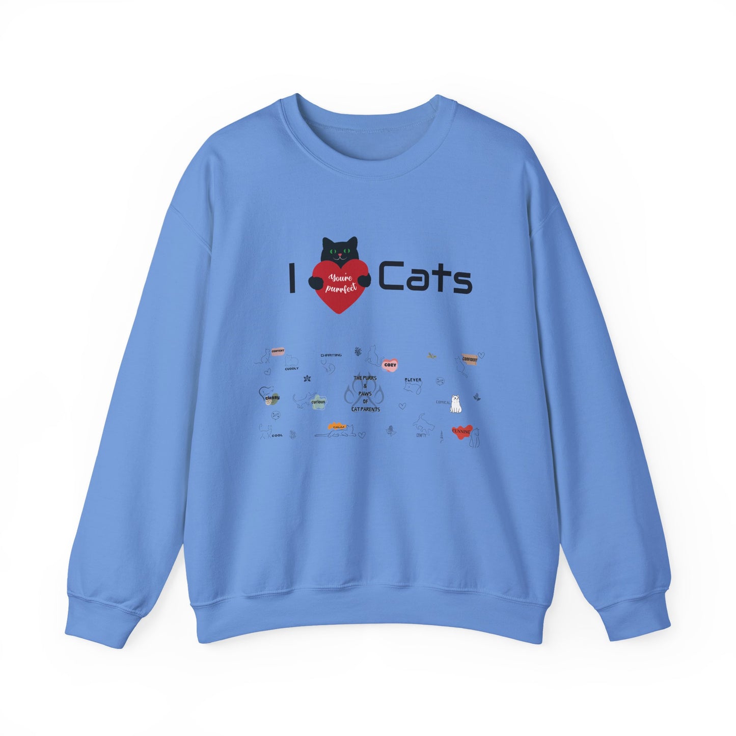 "I Love Cats" Unisex Heavy Blend Crewneck Sweatshirt: This design displays all the complex emotions of being a cat parent