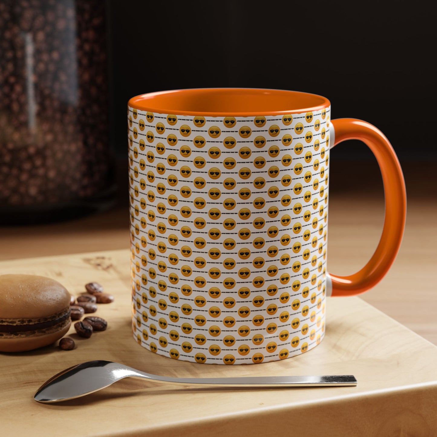 Sunglasses Emoji Pattern Accent Coffee Mug (11 oz) Asking "Who Run's This Ish"