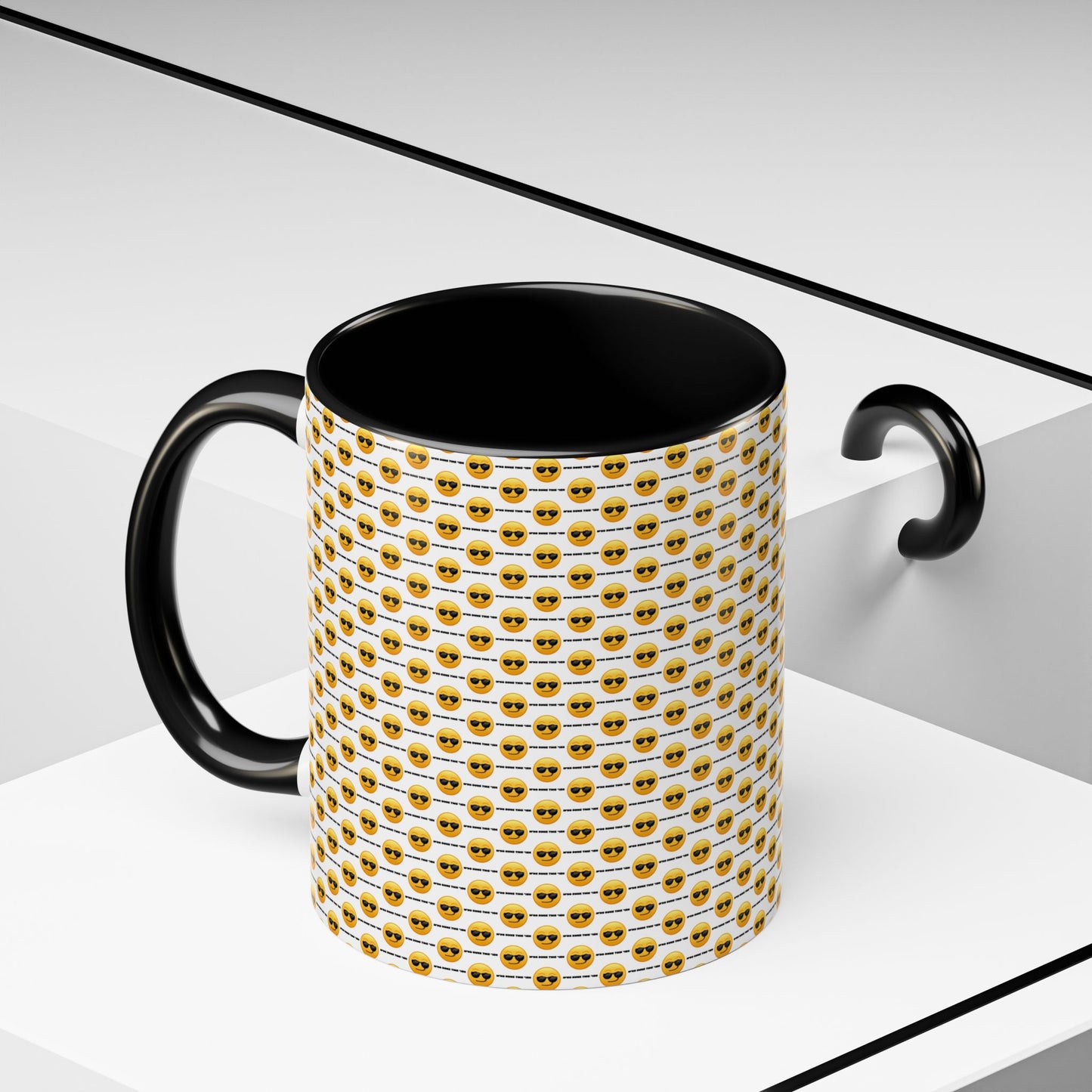 Sunglasses Emoji Pattern Accent Coffee Mug (11 oz) Asking "Who Run's This Ish"