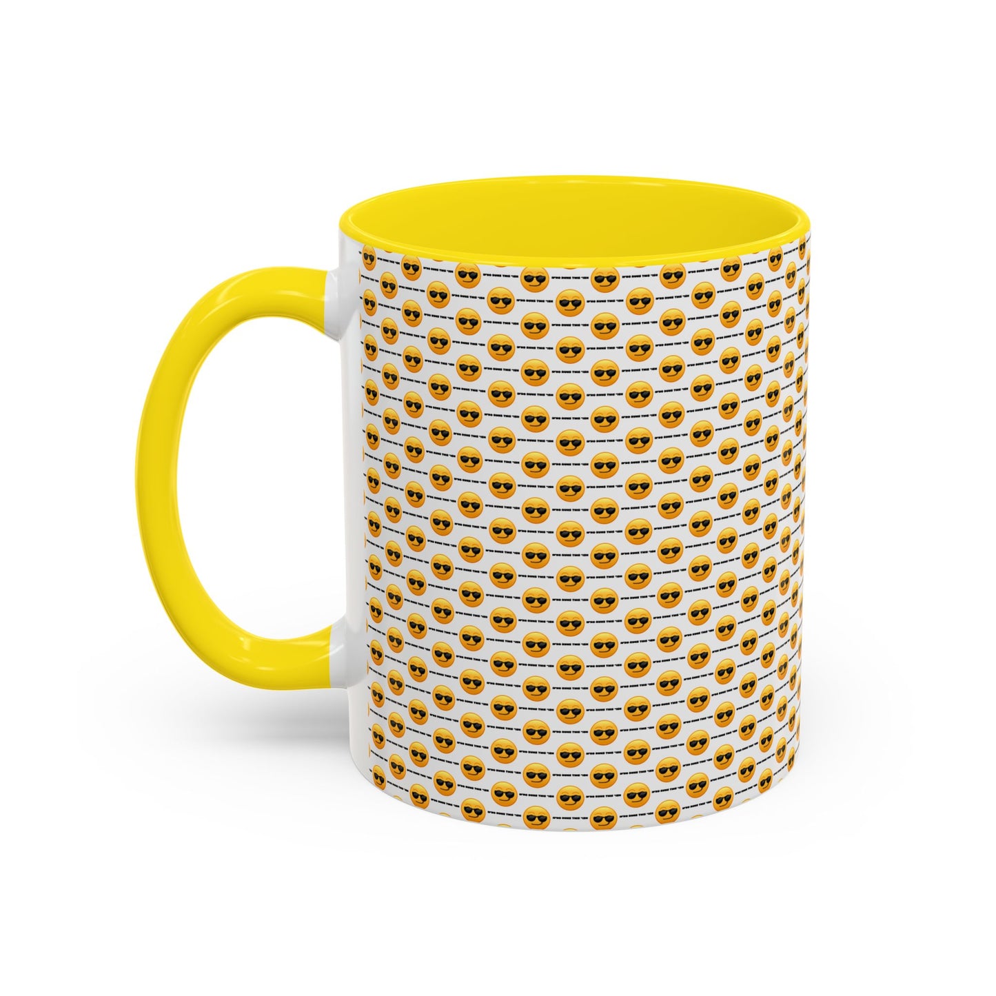 Sunglasses Emoji Pattern Accent Coffee Mug (11 oz) Asking "Who Run's This Ish"