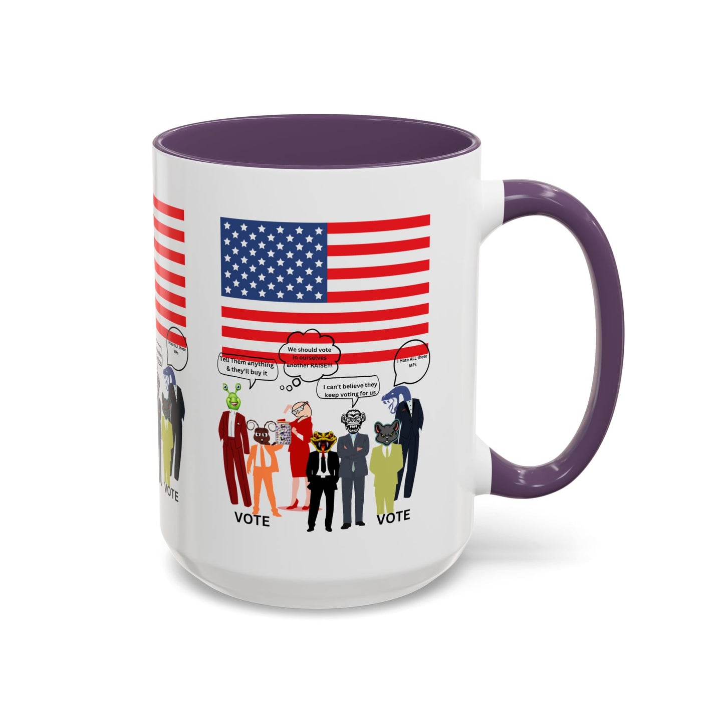 Patriotic Accent Coffee Mug — American Flag & Politicians in Lizard Form Illustration (15oz)