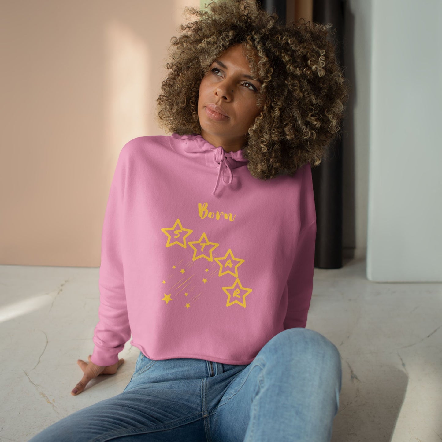 Gold-"Born Star":  Cropped Hoodie — Cute Minimalist Star Graphic Crop Sweatshirt