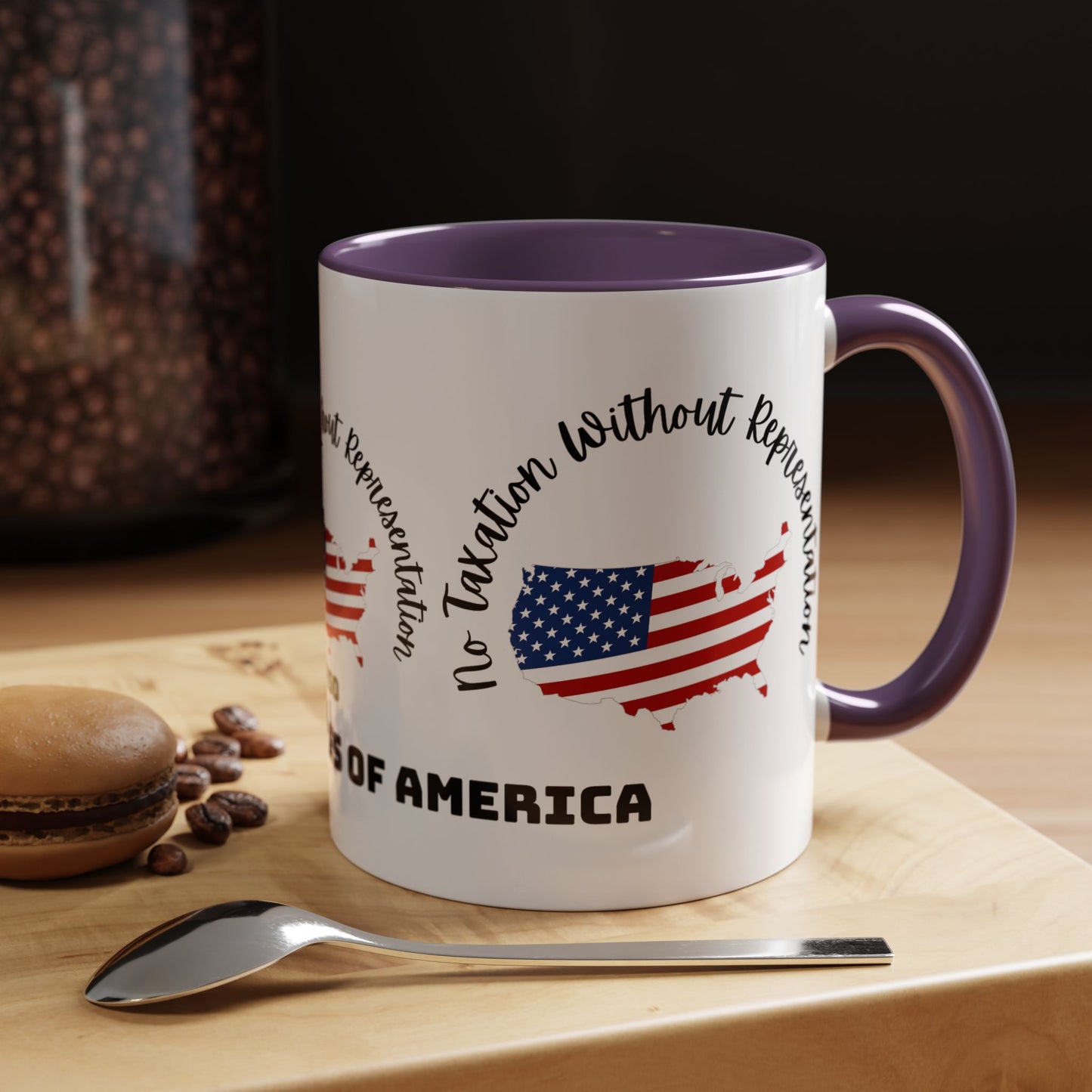 United States Map Flag Coffee Mug — "No Taxation Without Representation" 11/15oz Accent