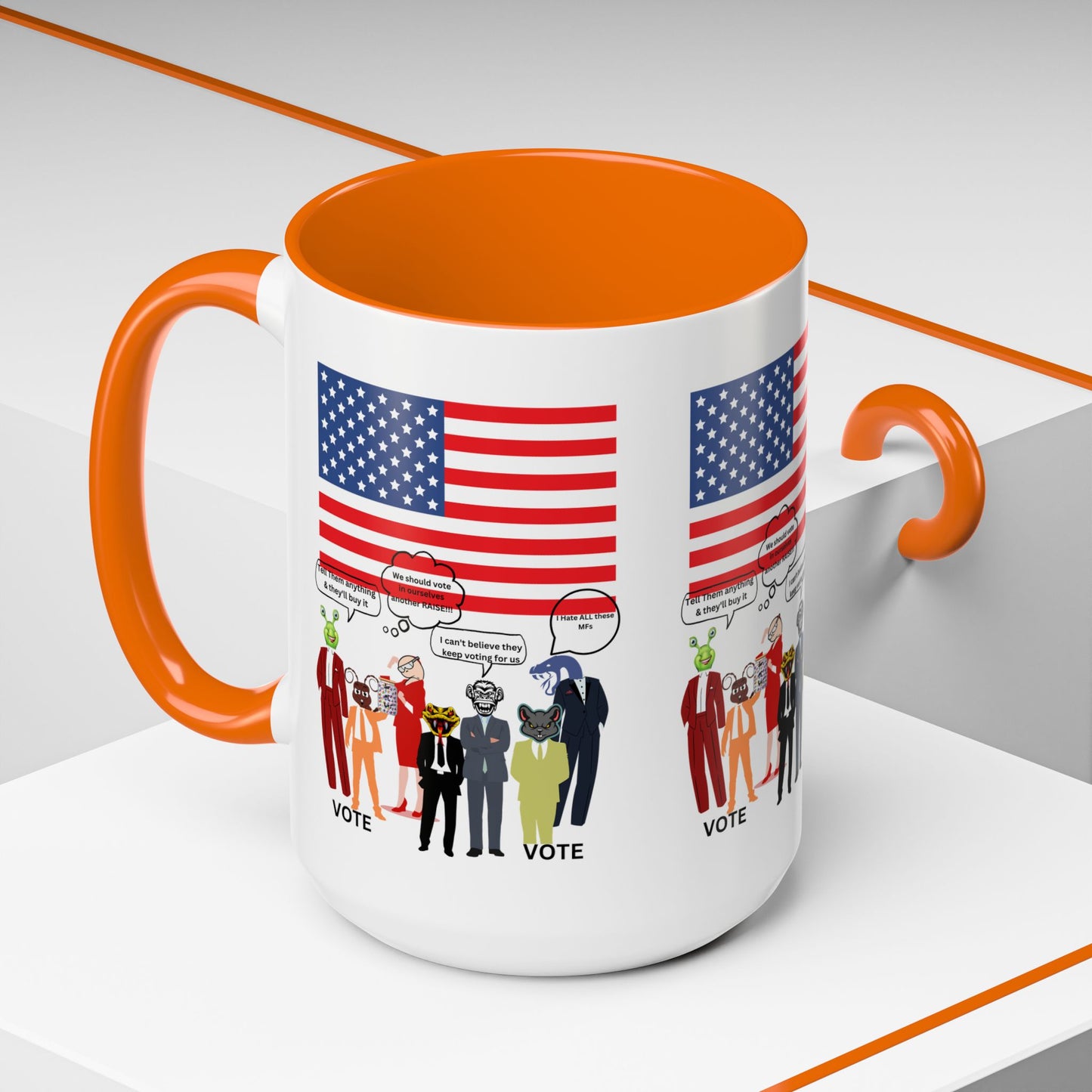 Patriotic Accent Coffee Mug — American Flag & Politicians in Lizard Form Illustration (15oz)