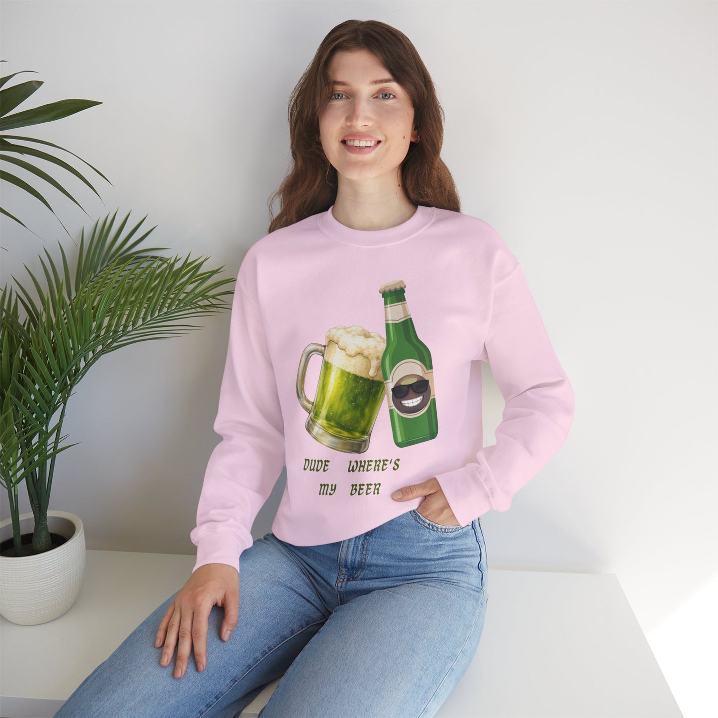 Crewneck Sweatshirt — "Dude Where's My Beer" Green Beer St. Patrick's Day Design